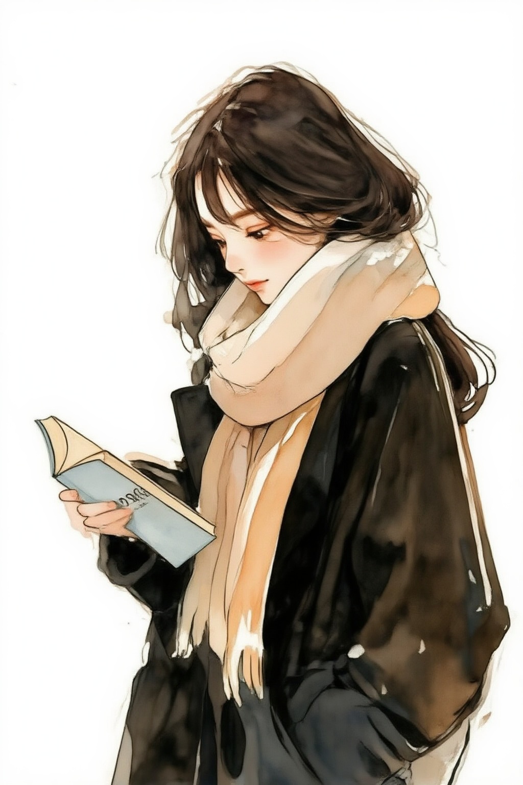nijiwatercolor6z illustration. A young woman is reading a book. She is wearing a dark coat and a light-colored scarf wrapp...
