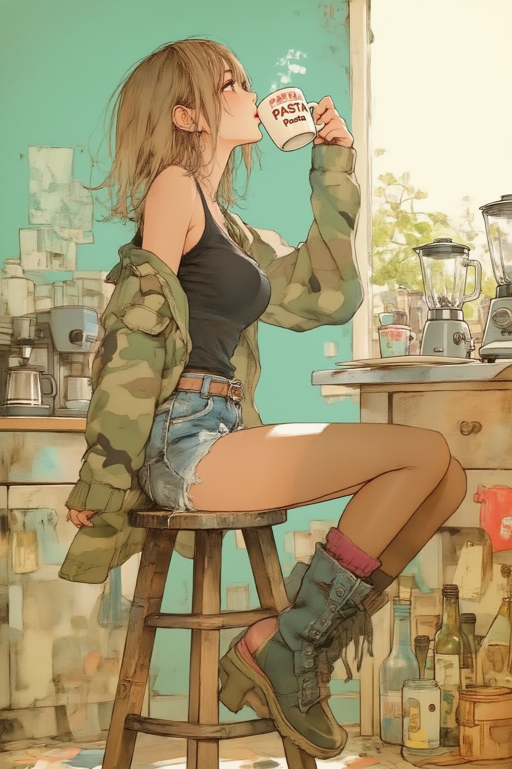 nijiwatercolor6z illustration. A young woman,  shown in side profile,  is sitting on a wooden stool in a messy kitchen. Sh...