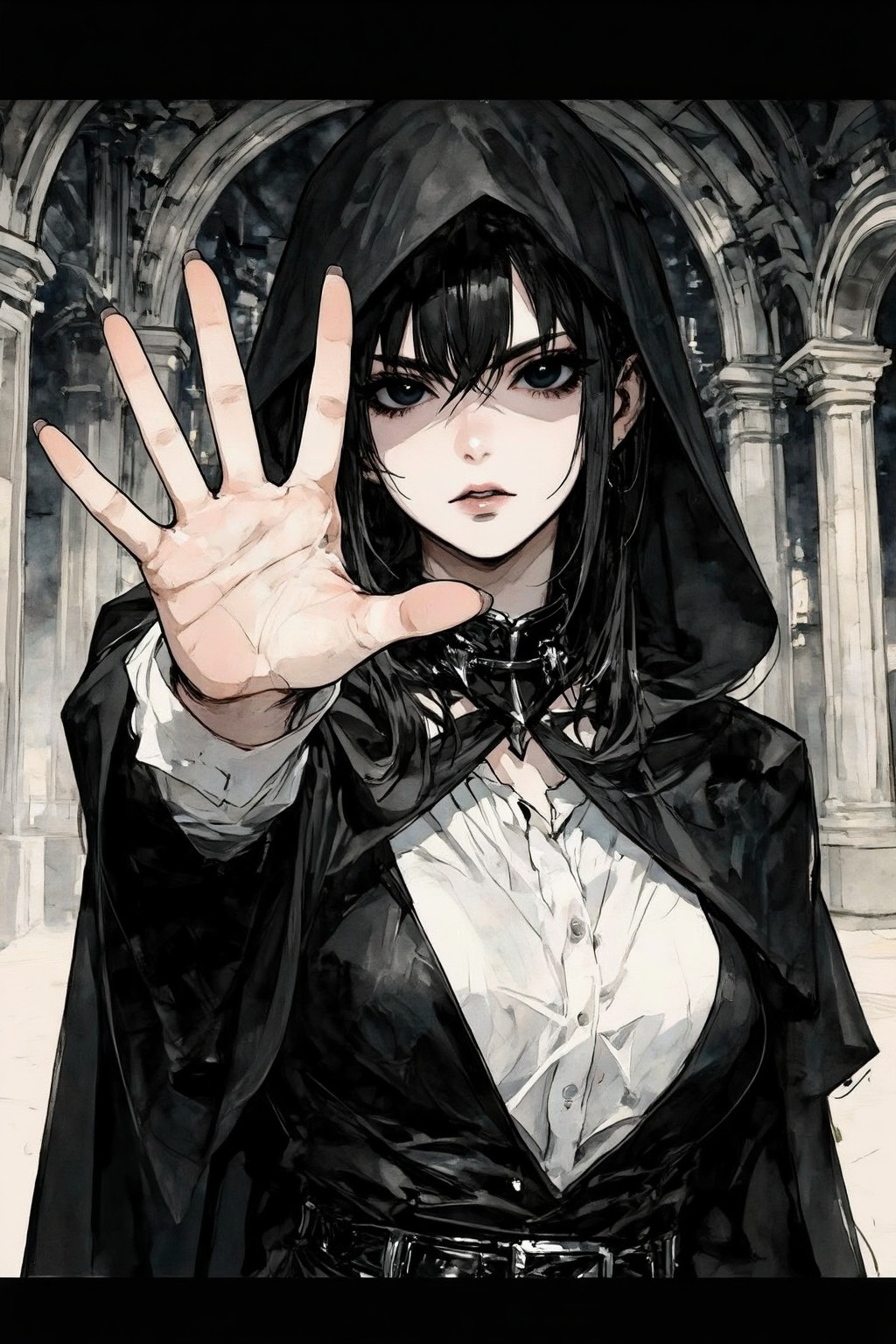 nijiwatercolor6z illustration. Female character with long black hair,  intense expression,  and dark eyes. She is wearing...