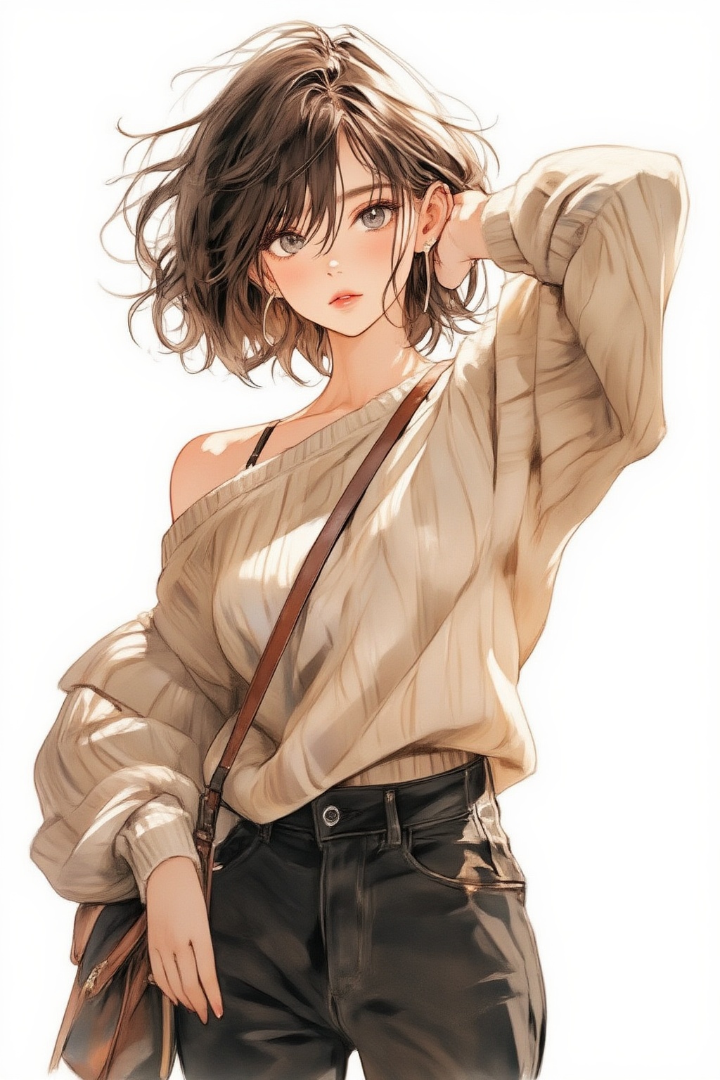 nijiwatercolor6z illustration. A young woman with short,  wavy brown hair. She is wearing a loose-fitting,  off-shoulder b...