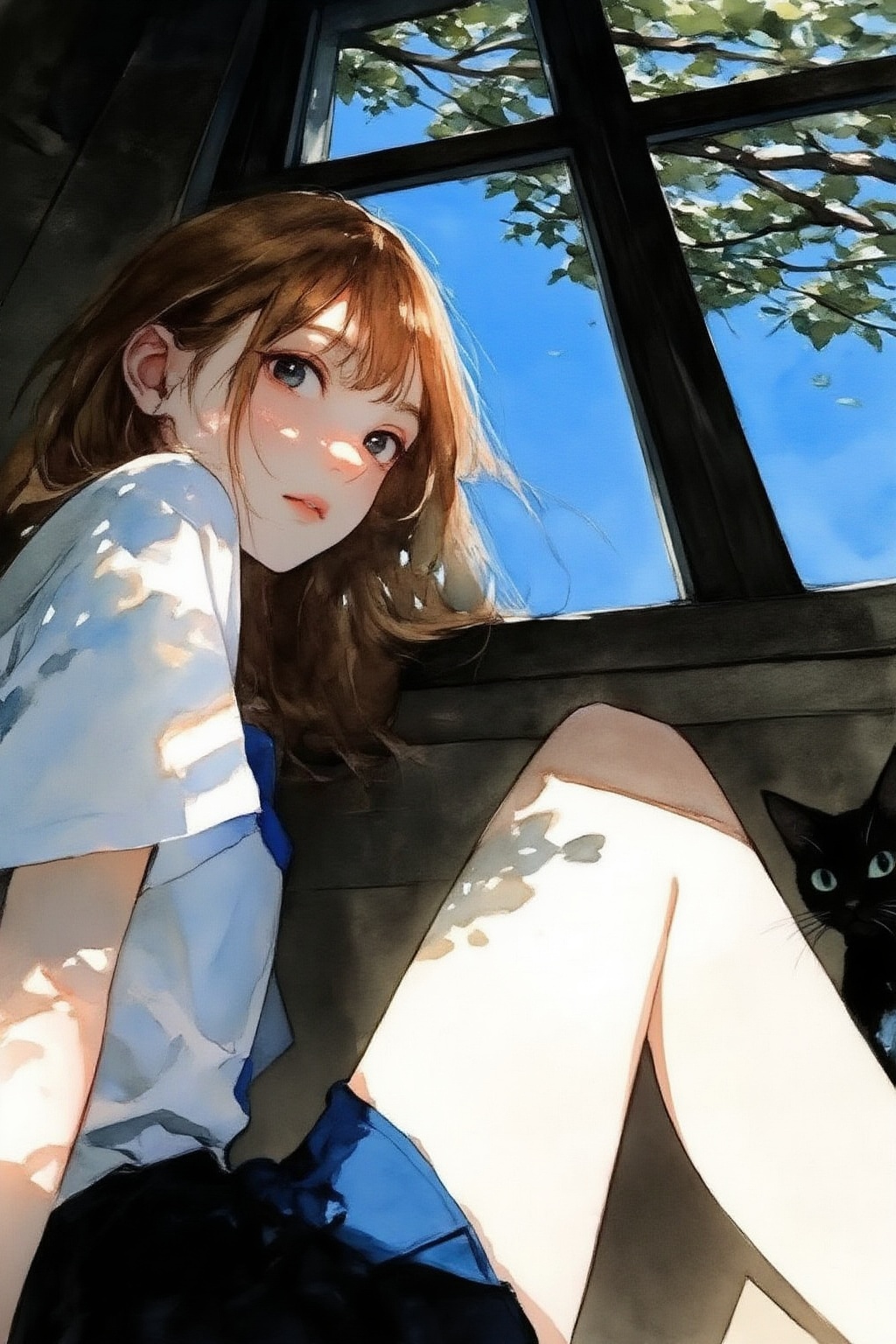 nijiwatercolor6z illustration. Low-angle view of a young woman,  shown in side profile,  sitting by a window. She is looki...