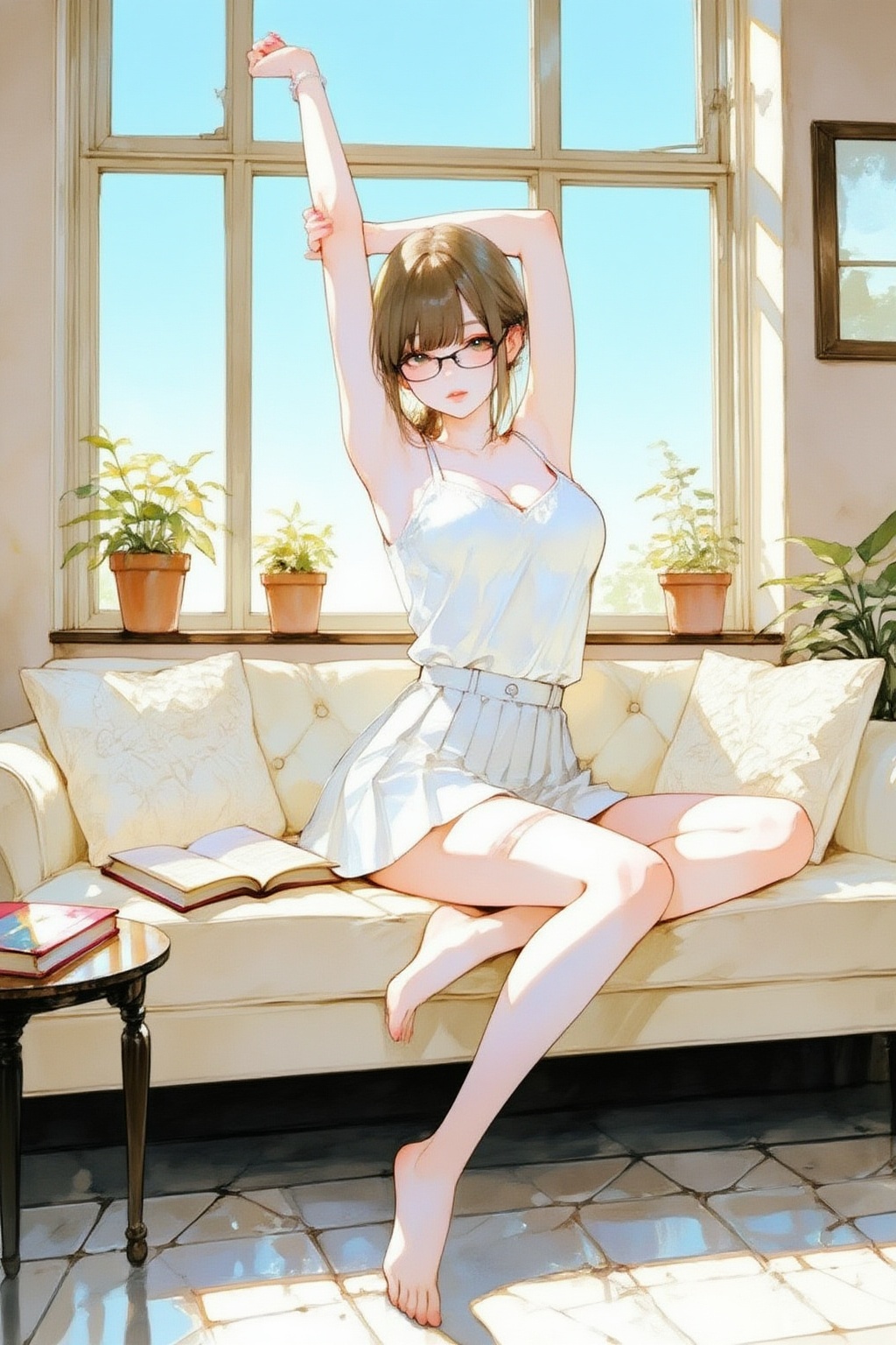 nijiwatercolor6z illustration. A woman is sitting on a light-colored sofa in a sunlit room. She is wearing a white sleevel...