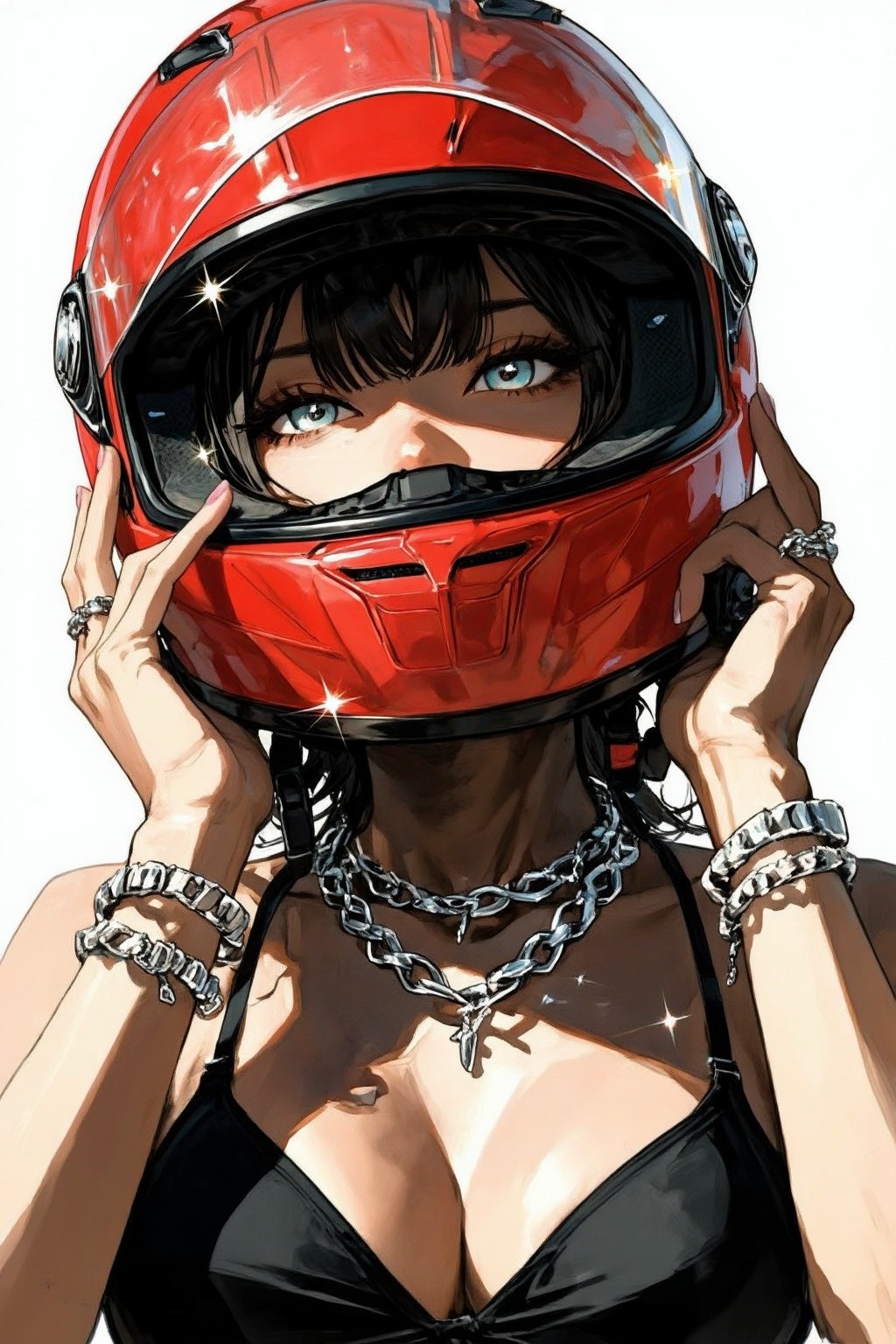 nijiwatercolor6z illustration. Low-angle,  close-up of a young woman with tanned skin and dark hair taking off a glossy,...