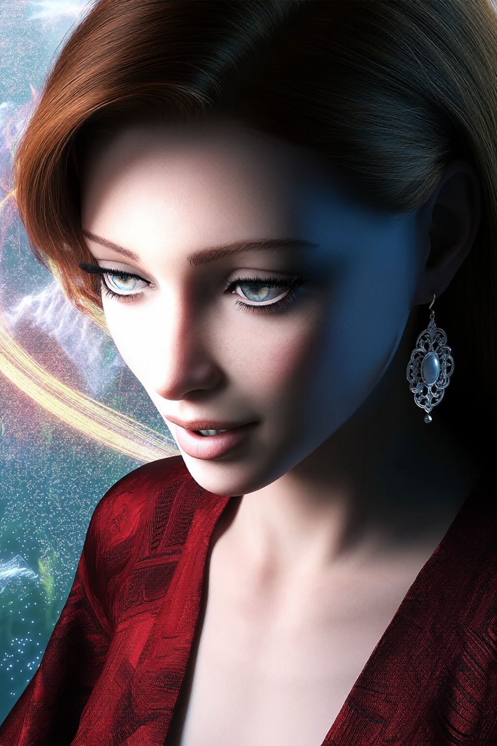 A woman with soft,  luminous skin and delicate features gazes downward with a serene expression. Her eyes are light blue,...