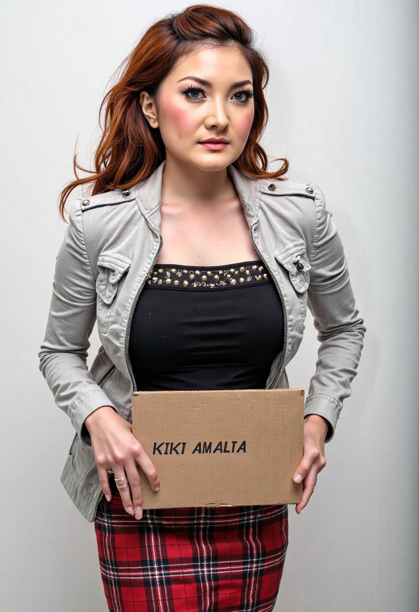 photorealistic portrait of Kiki_Am3l,  a ravishing young woman poised in a photoshoot studio,  her elegance captured in a...