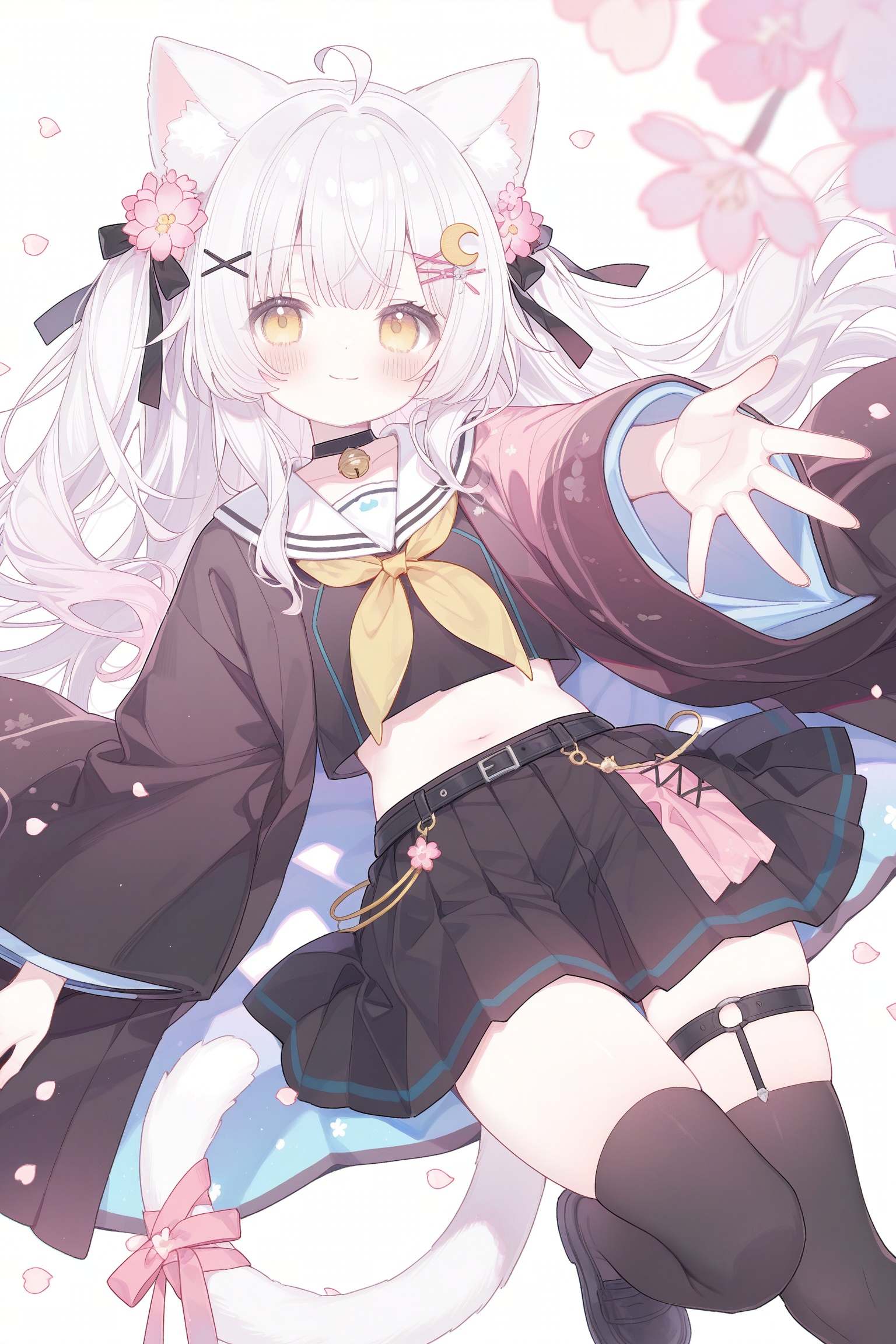 yazuki (vtuber), 1girl, ahoge, animal ear fluff, animal ears, arm at side, bell, belt, black belt, black bow, black choker, black ribbon, black serafuku, black skirt, black thighhighs, blush, bow, cat ears, cat girl, cat tail, choker, closed mouth, crescent, crescent hair ornament, crop top, flower, foot out of frame, grey hair, hair flower, hair ornament, hair ribbon, hairclip, hairpin, haori, japanese clothes, legs folded, long hair, looking at viewer, lying, midriff, neck bell, neckerchief, on back, outstretched arm, petals, pink bow, pink flower, pink haori, pleated skirt, ribbon, sailor collar, school uniform, serafuku, simple background, skirt, smile, solo, tail, tail ornament, thigh strap, thighhighs, virtual youtuber, white background, white hair, white sailor collar, x hair ornament, yellow eyes, yellow neckerchief, zettai ryouiki, commentary request, commission, highres, skeb commission, wide shot