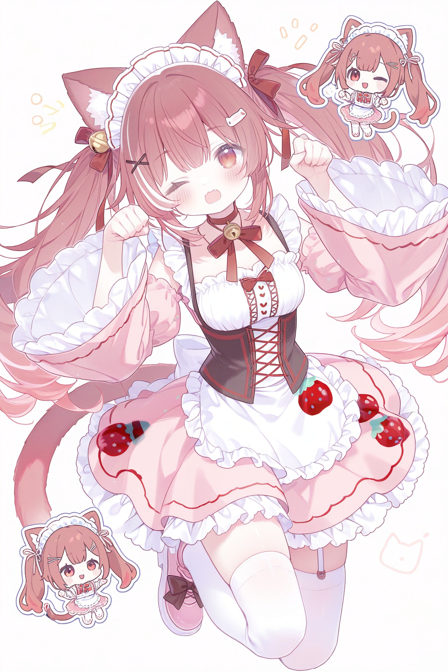 neneko mashiro, 1girl, animal ears, apron, bell, bow, bowtie, cat ears, cat girl, cat tail, chibi, chibi inset, choker, corset, detached sleeves, dress, fang, food print, footwear bow, frilled corset, frilled dress, frilled sleeves, frills, fruit print, full body, grey hair, hair ornament, hair ribbon, hairclip, jingle bell, long hair, maid apron, maid headdress, multicolored hair, name tag, neck ribbon, one eye closed, paw pose, pink dress, pink shoes, red bow, red bowtie, red choker, red eyes, red hair, red ribbon, ribbon, shoes, simple background, solo, strawberry print, streaked hair, tail, thighhighs, twintails, virtual youtuber, white apron, white background, white corset, white thighhighs, wide sleeves, x hair ornament, zettai ryouiki, absurdres, commentary, highres, untranslatable commentary, wide shot