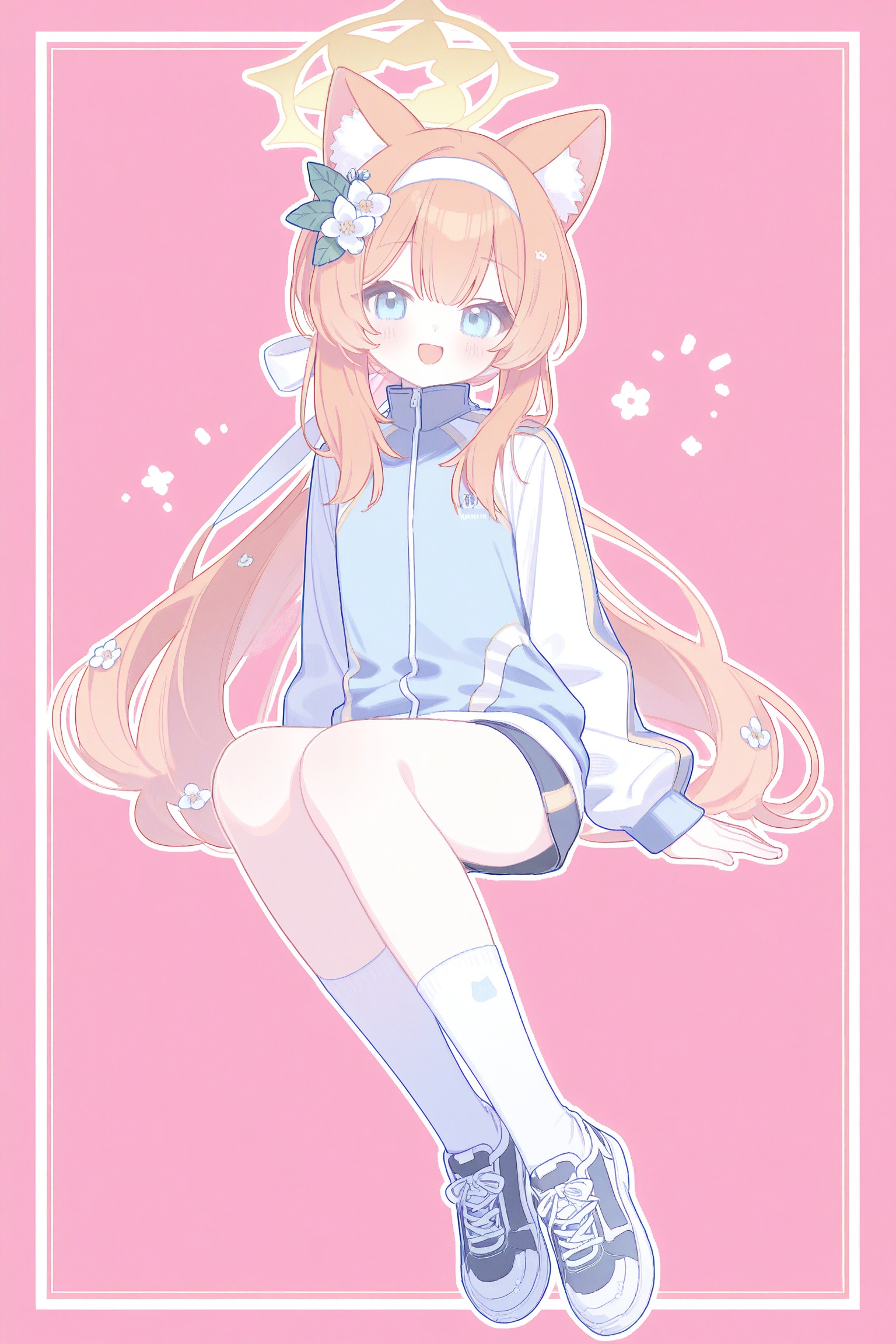 mari (blue archive), mari (track) (blue archive), 1girl, :d, animal ear fluff, animal ears, blue eyes, blue jacket, blue shoes, border, cat ears, cat girl, double-parted bangs, flower, full body, grey socks, hair flower, hair ornament, hairband, invisible chair, jacket, long hair, looking at viewer, no halo, official alternate costume, open mouth, orange hair, outline, outside border, pink background, pixel art, shoes, sitting, smile, socks, solo, track jacket, white border, white hairband, white outline, absurdres, hashtag-only commentary, highres, wide shot