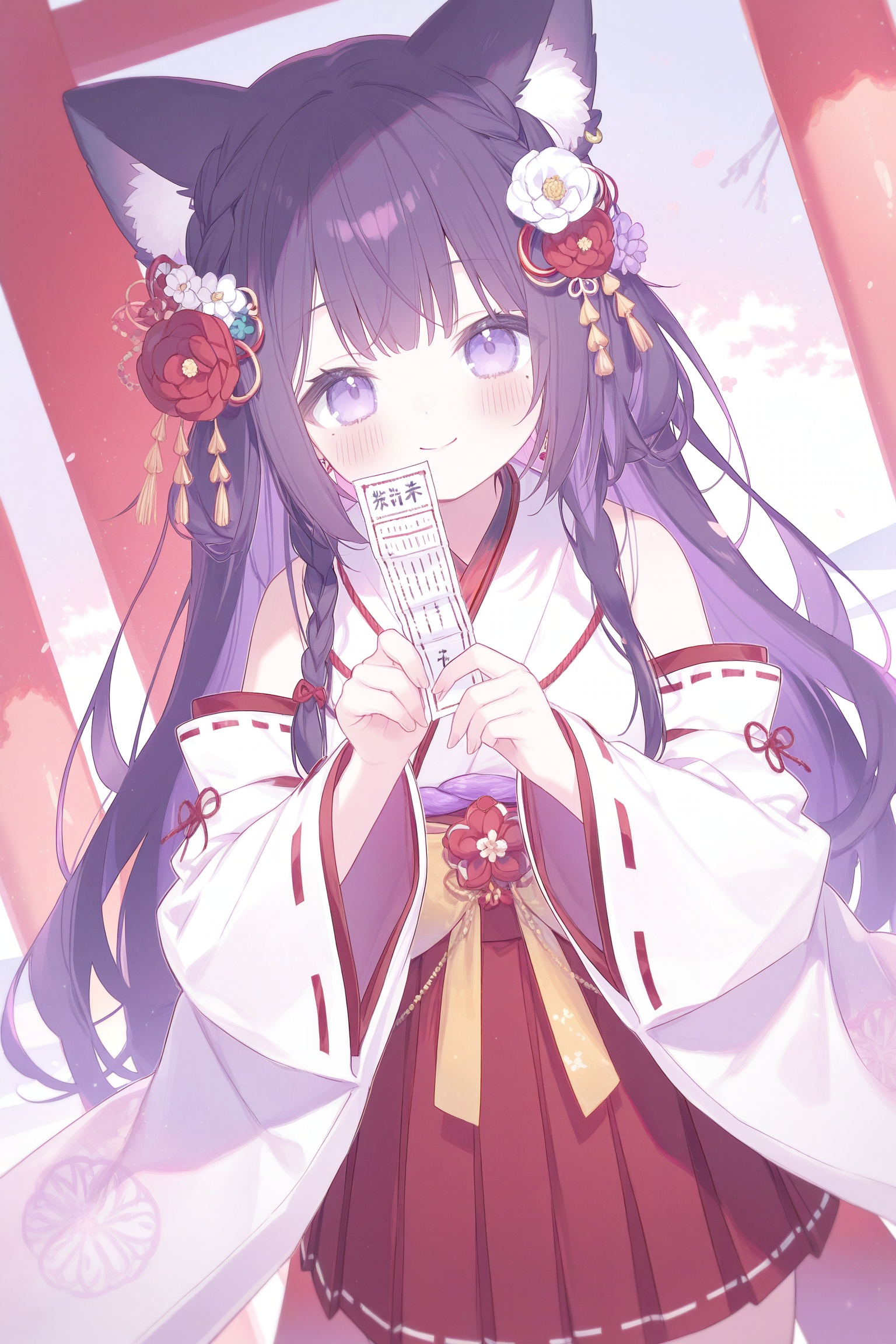 manmaru (vtuber), 1girl, animal ear fluff, animal ears, blush, bow, braid, cat ears, cat girl, cowboy shot, detached sleeves, earrings, flower, hair ornament, hand fan, hands up, holding, holding omikuji, japanese clothes, jewelry, kimono, long hair, long sleeves, looking at viewer, mole, mole under eye, nontraditional miko, omikuji, pleated skirt, purple eyes, purple hair, red skirt, red trim, skirt, smile, solo, virtual youtuber, white flower, white kimono, wide sleeves, artist request, commentary, highres, second-party source, wide shot