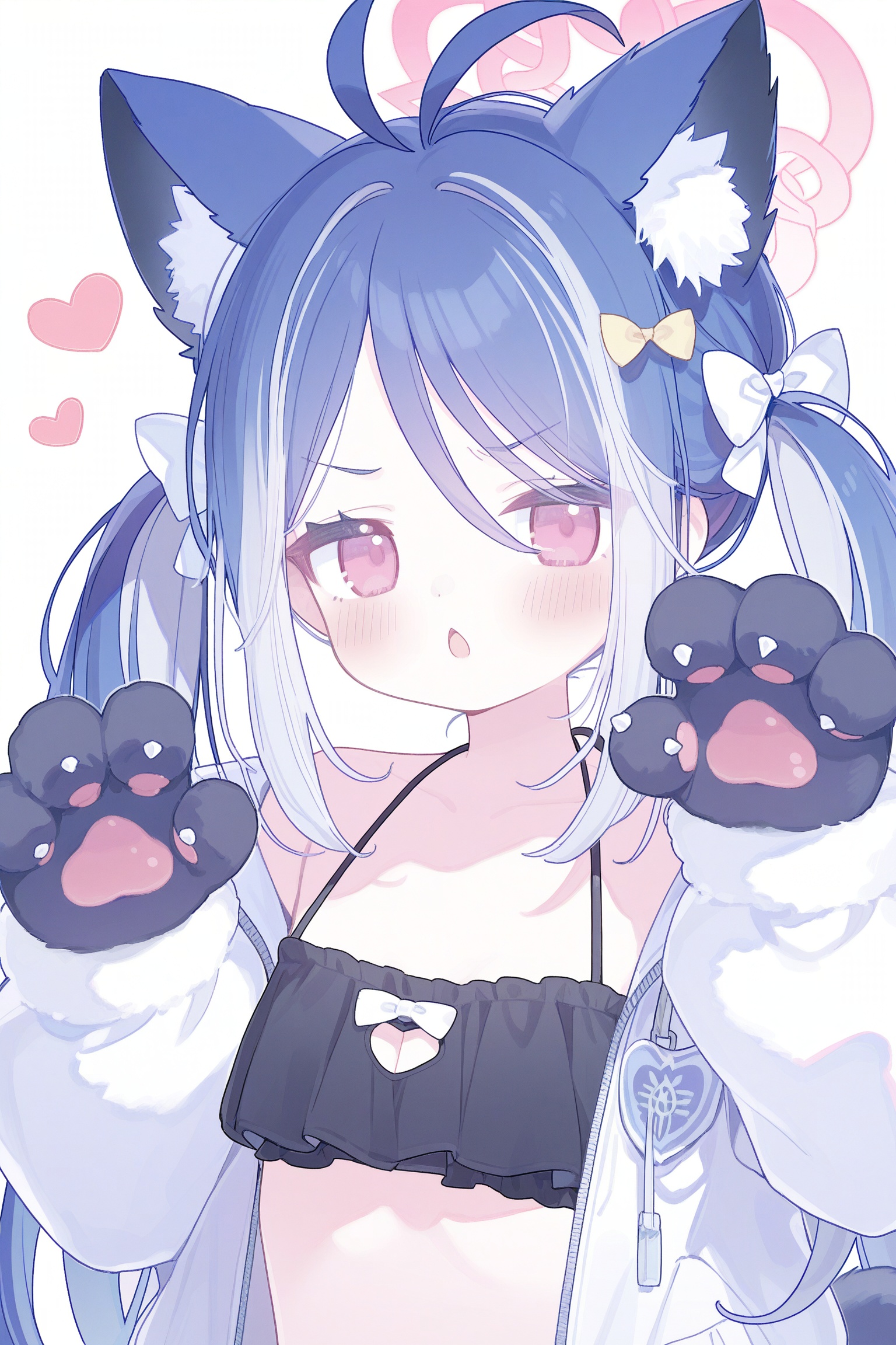 fubuki (blue archive), 1girl, animal ear fluff, animal ears, animal hands, antenna hair, bikini, black bikini, blue hair, blush, bow, cat ears, cat girl, cat paws, cat tail, chestnut mouth, claw pose, furrowed brow, hair bow, halo, heart, jacket, looking at viewer, looking to the side, multiple hair bows, pink eyes, pink halo, swimsuit, tail, white background, white bow, white jacket, absurdres, commentary request, highres, wide shot
