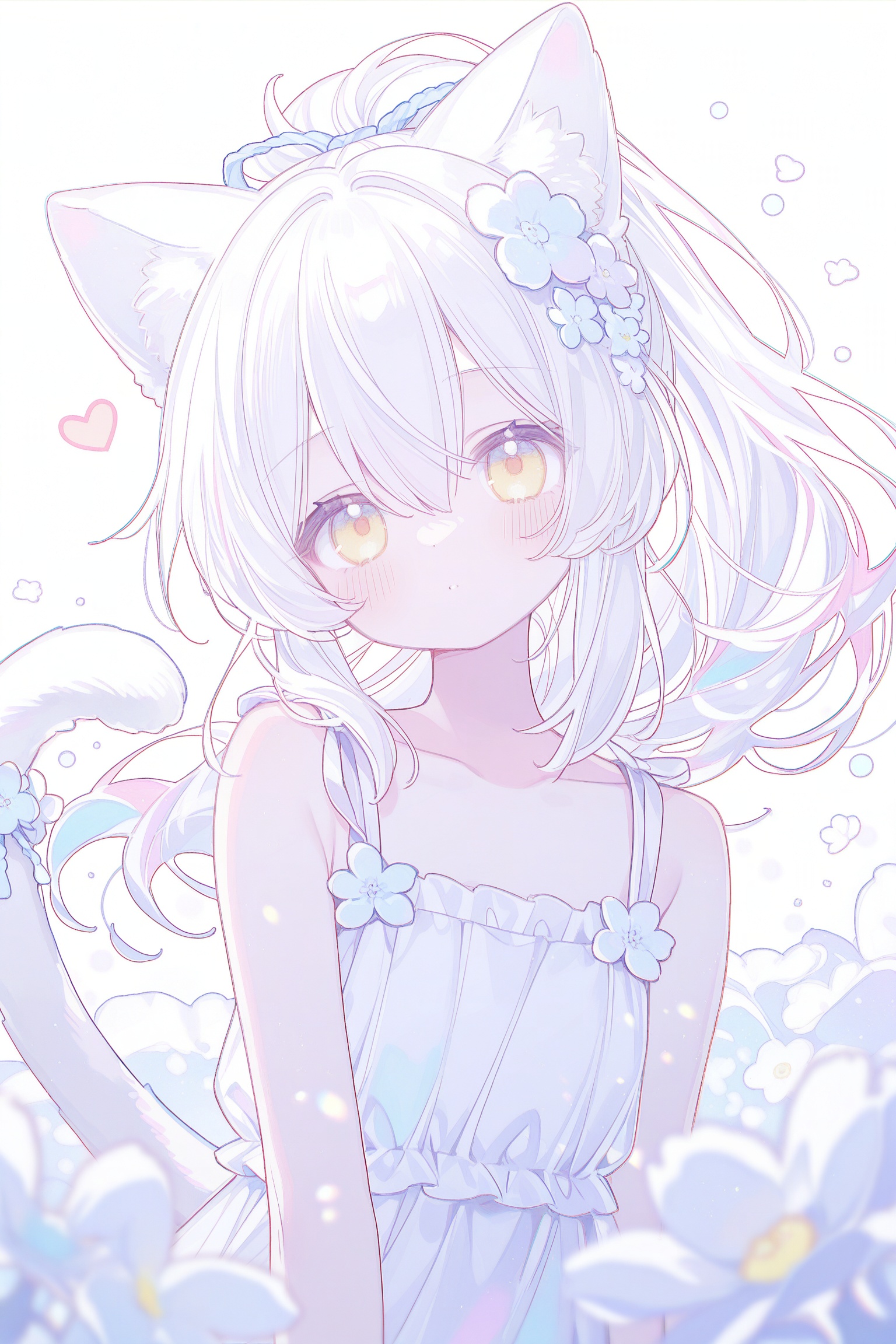 1girl, solo, skinny, petite, catgirl, white hair, cat tail, cat ears, White Theme, lightblue Theme, chromatic_aberration, looking at viewer, heart, upper body, simple background, head tilt, collarbone, flower, illust1girl, solo, skinny, petite, catgirl, white hair, cat tail, cat ears, White Theme, lightblue Theme, chromatic_aberration, looking at viewer, heart, upper body, simple background, head tilt, collarbone, flower, illustration, depth of field, (colorful), high contrast, Tyndall effect, lens flare ,1girl,White hair, long hair ,bowknot,yellow eye, hair between eyes,ponytail,ration, depth of field, (colorful), high contrast, Tyndall effect, lens flare