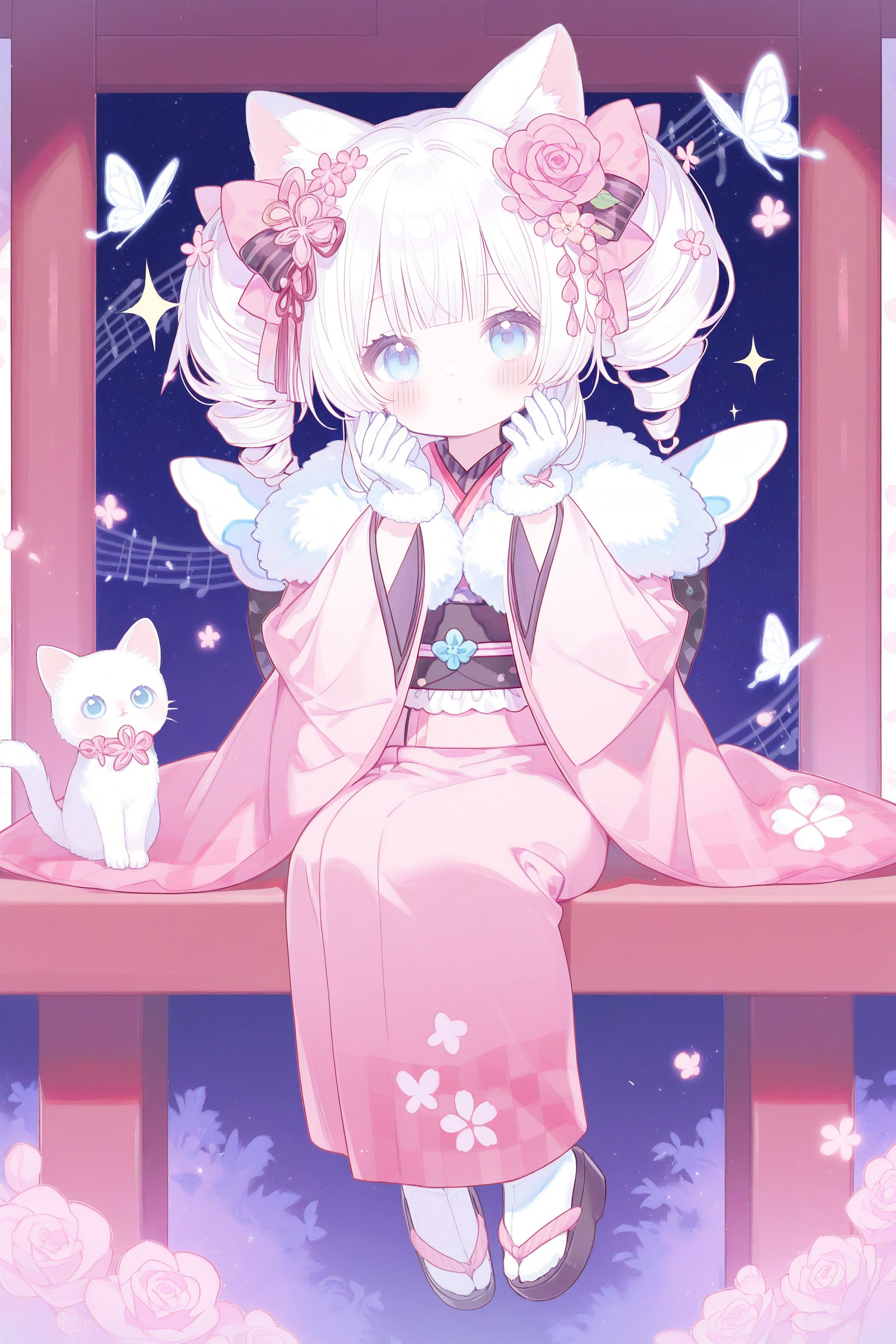 1girl, animal ears, blue eyes, blunt bangs, bow, bug, butterfly, cat, cat ears, cat girl, drill hair, flower, frills, full body, fur trim, gloves, hair bow, hair flower, hair ornament, hands up, japanese clothes, kimono, lolita fashion, long hair, long sleeves, looking at viewer, musical staff, pink flower, pink kimono, rose, shoes, sitting, solo, sparkle, twin drills, twintails, wa lolita, white cat, white gloves, white hair, wide sleeves, wings, absurdres, chinese commentary, commentary request, highres, wide shot
