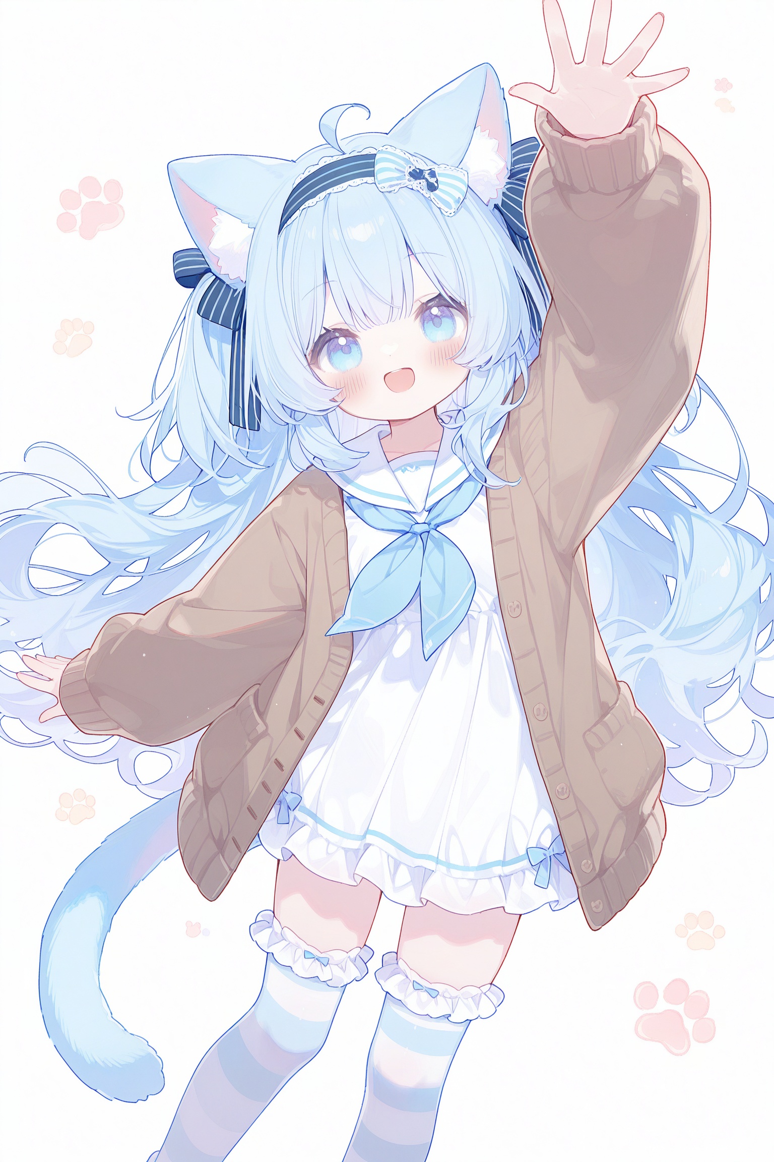 1girl, :d, ahoge, animal ear fluff, animal ears, arm up, blue eyes, blue hair, blue hairband, blue neckerchief, blue thighhighs, blush, borrowed character, brown cardigan, cardigan, cat ears, cat girl, cat tail, dot nose, dress, feet out of frame, frilled thighhighs, frills, hairband, long hair, long sleeves, looking at viewer, neckerchief, open cardigan, open clothes, open mouth, over-kneehighs, sailor collar, sailor dress, short dress, simple background, smile, solo, standing, striped clothes, striped hairband, striped thighhighs, tail, thighhighs, white background, white dress, white sailor collar, zettai ryouiki, absurdres, commentary request, commission, highres, skeb commission, wide shot