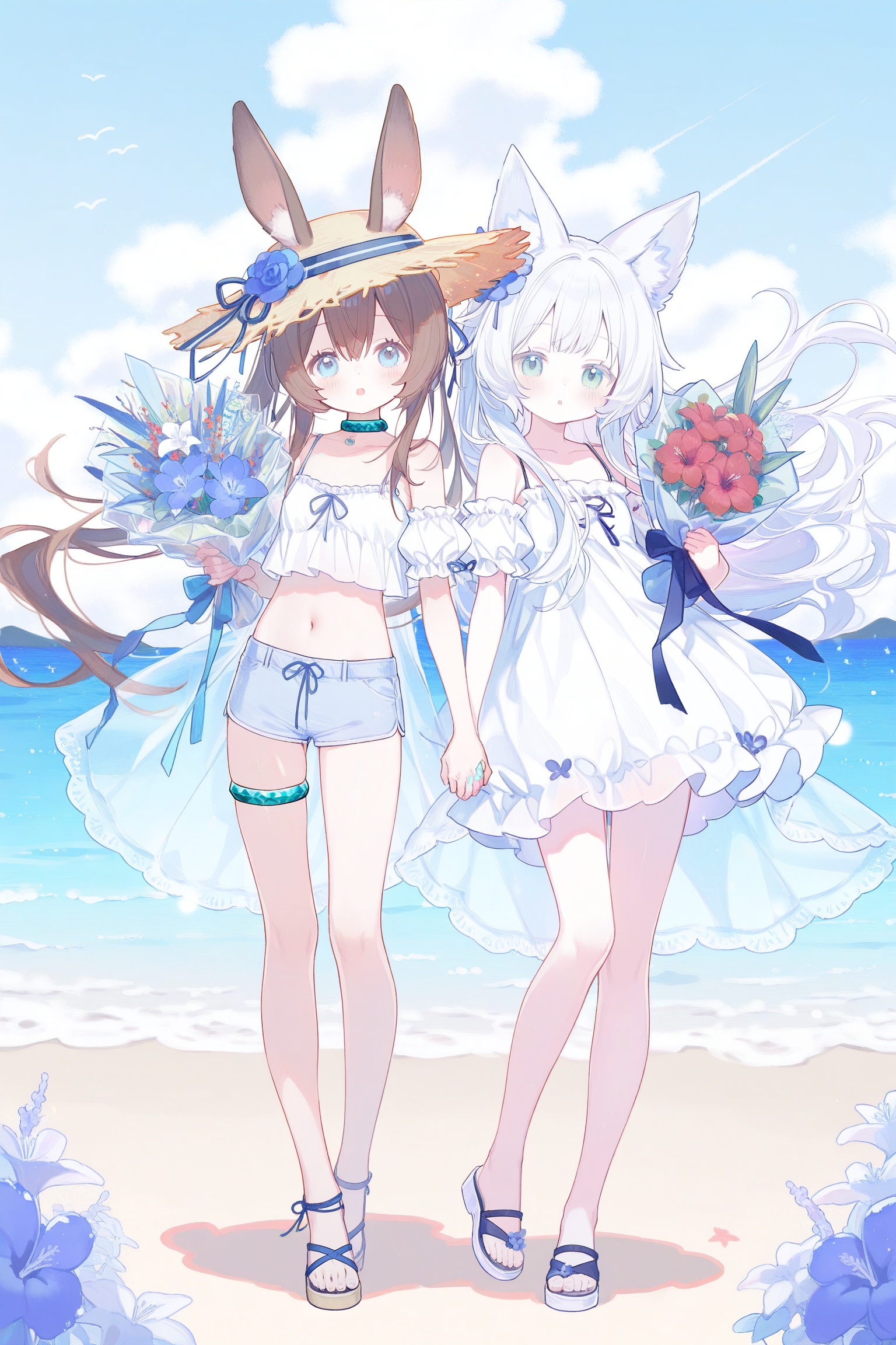 amiya (arknights), amiya (summer) (arknights), rosmontis (arknights), 2girls, animal ear fluff, animal ears, bare arms, bare shoulders, barefoot, beach, bird, blue eyes, blue flower, blue ribbon, blue shorts, blue sky, bouquet, brown hair, camisole, cat ears, cat girl, cloud, cloudy sky, collar, collarbone, crop top, day, detached sleeves, dress, flower, frilled camisole, frilled sleeves, frills, full body, hat, hat flower, holding, holding bouquet, holding flower, holding hands, large hat, long hair, looking at viewer, micro shorts, multiple girls, ocean, open mouth, outdoors, parted lips, puffy sleeves, rabbit ears, rabbit girl, red flower, ribbon, sandals, short sleeves, shorts, sky, sleeveless, sleeveless dress, standing, straw hat, thigh strap, white camisole, white dress, white hair, white sleeves, absurdres, chinese commentary, commentary request, highres, wide shot