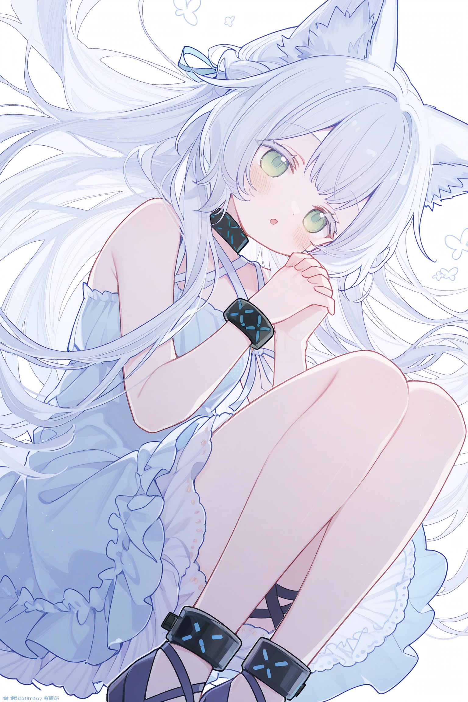 rosmontis (an airy dream) (arknights), rosmontis (arknights), 1girl, animal ears, artist name, cat ears, cat girl, dress, frilled dress, frills, green eyes, infection monitor (arknights), interlocked fingers, knees up, long hair, official alternate costume, open mouth, simple background, solo, twitter username, white background, commentary request, commission, skeb commission, wide shot