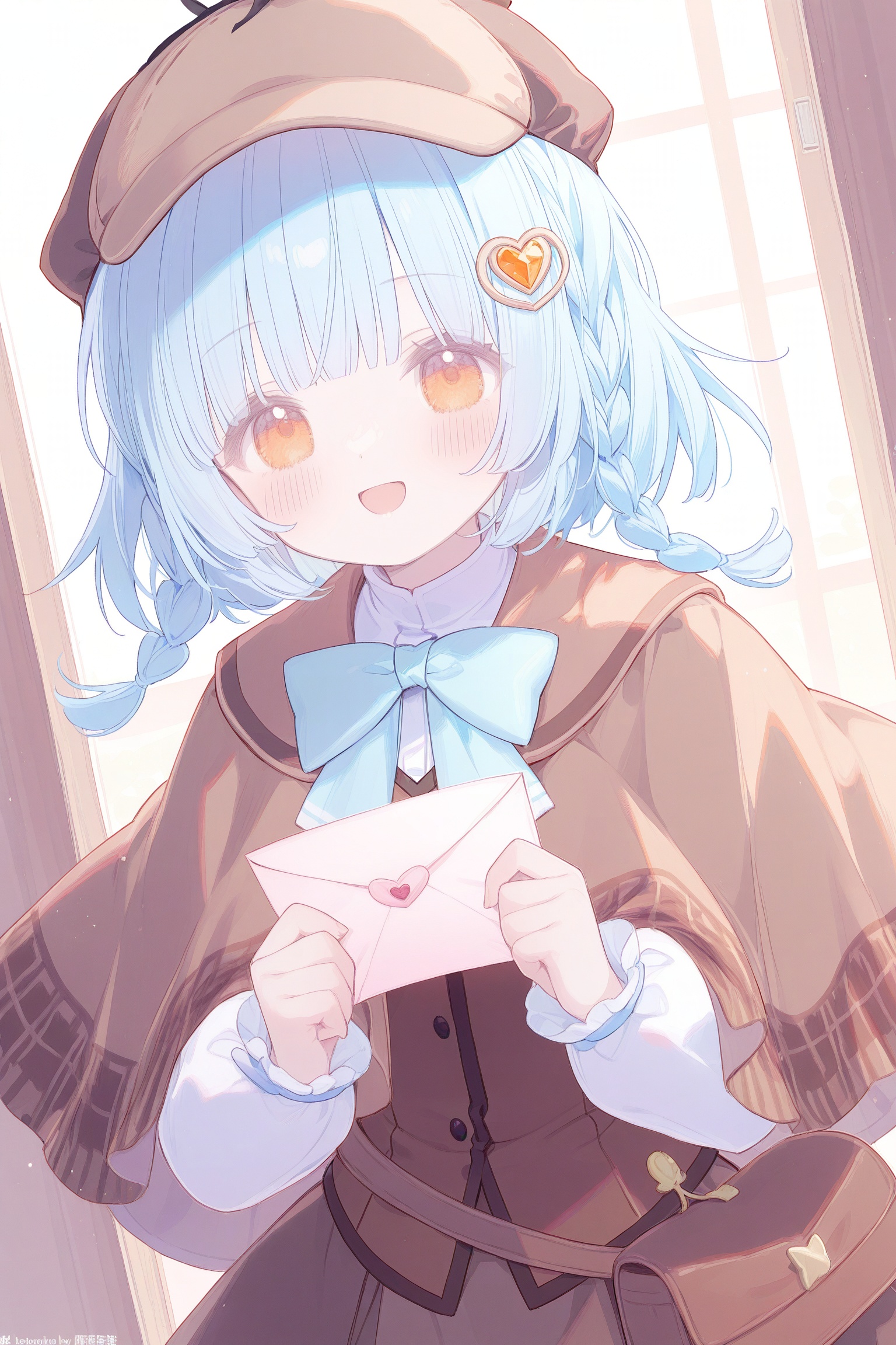 tachibana sherry, 1girl, blue hair, blush, bow, bowtie, braid, capelet, detective, hair ornament, hat, hime cut, love letter, magical girl, open mouth, orange eyes, short hair, smile, twin braids, commentary request, highres, wide shot