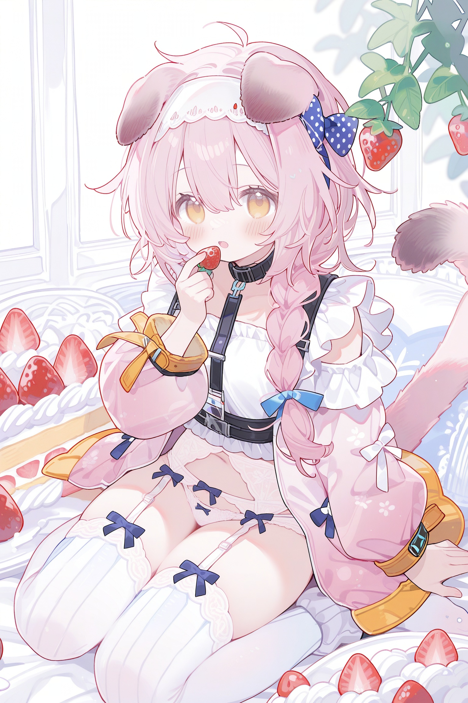 goldenglow (arknights), 1girl, animal ears, cat ears, cat girl, cat tail, food, fruit, garter belt, hair between eyes, holding, holding food, holding fruit, long hair, pink hair, pink tail, solo, strawberry, tail, thighhighs, thighs, white thighhighs, yellow eyes, absurdres, commentary request, highres, wide shot