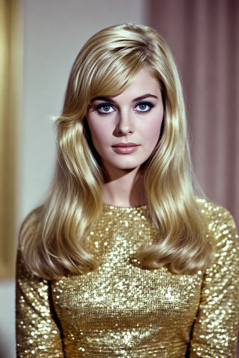 Portrait of a golden rose blonde french beautiful woman,  a model,  dressed in a gold crystal dress with long sleeves on T...