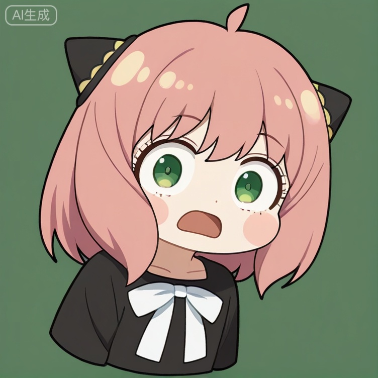 anya \(spy x family\), 1girl, solo, green eyes, hairpods, pink hair, open mouth, ahoge, child, transparent background, simple background, white bow, medium hair,  upper body, wide-eyed, blush stickers, meme, shirt, bow, looking at viewer, cropped torso,white background,chibi