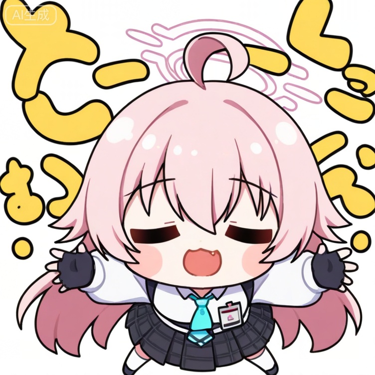 1girl, hoshino \(blue archive\), solo, halo, pink hair, ahoge, necktie, skirt, long hair, closed eyes, gloves, chibi, shirt, fingerless gloves, white shirt, black gloves, long sleeves, blue necktie, open mouth, plaid skirt, plaid, blush stickers, outstretched arms, collared shirt, white background, pleated skirt, black skirt, pink halo, full body, hair between eyes, id card, white socks, spread arms, facing viewer, white background, chibi