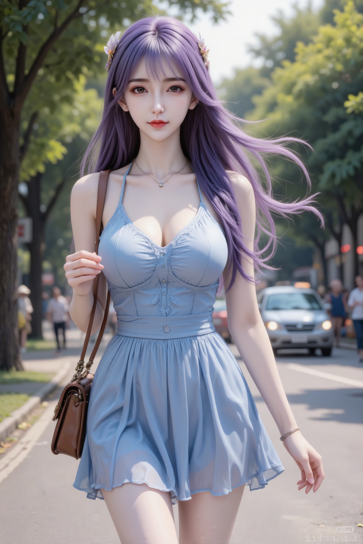 杰作级画质,顶级图像精度,超高清细节渲染,单人女性角色,（紫色亮丽的长发：1.4）,（比例优越的纤细长腿：1.3）,（肌肤白皙光滑的匀称美腿：1.4）,（挺拔饱满的D 罩杯曲线：1.4）,（精致立体的美颜五官：1.4）,美颜全开,光滑油亮的皮肤,水嫩的肌肤,,傲人身材,C-cup,一个女孩,林紫玥单人,紫色长发,身穿浅蓝色雪纺裙,搭配棕色单肩包,在夏日户外林荫道上,两旁树木高大,路上有车辆和行人,生活气息浓厚的街景,青春文艺氛围,夏日清新风格。（电影级面光：1.6）,（光线追踪：1.5）,（冷白皮漫感质感的光滑皮肤：1.7）,（人物有最好的骨相：1.2）,（网感脸：1.6）,S形身材完美,莫兰迪配色,高颜值网红,INS风,幼态脸,19岁女生尖下巴,三庭五眼比例均衡,身材娇小,细腻陶瓷水嫩肌肤,偏冷白皮,随机的妆容,随机的饰品,随机的动作,侧光,发丝轻飘,凌乱,随机角度拍摄,总体有很多的不确定性,但又好看,
风格甜美少女系,氛围慵懒俏皮,东方美女年轻娇小,冷白皮气质美女,薇薇纯欲风,皮肤白皙,偶像气质,fairskin,气质的江南美女子,有点甜美,皮肤美白透亮,表情可爱,甜美氛围,细腻笔触,独特韵味的美,可爱表情,正面照,人物上半身特写