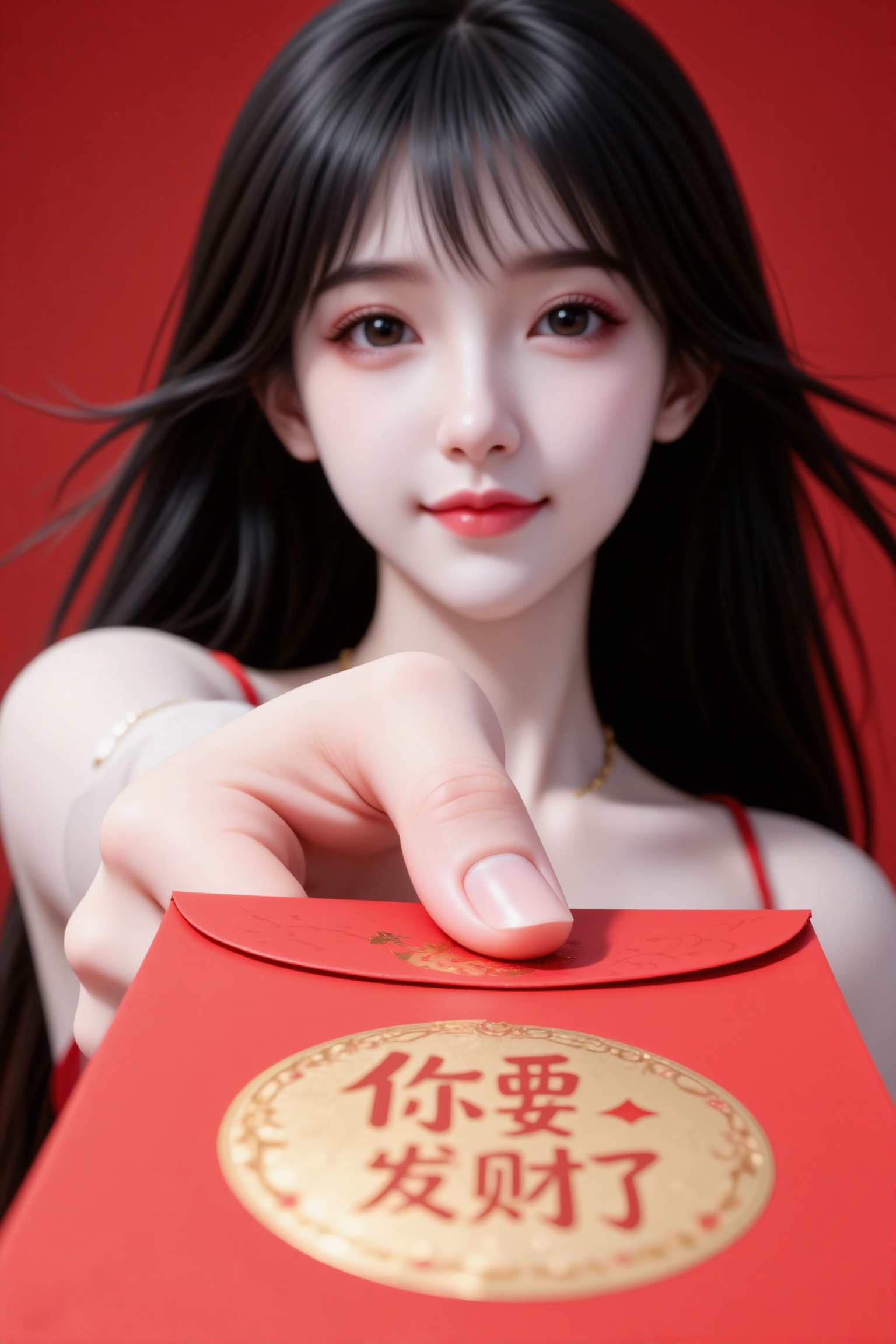杰作级画质,顶级图像精度,超高清细节渲染,单人女性角色,（紫色亮丽的长发：1.4）,（比例优越的纤细长腿：1.3）,（肌肤白皙光滑的匀称美腿：1.4）,（挺拔饱满的D 罩杯曲线：1.4）,（精致立体的美颜五官：1.4）,美颜全开,光滑油亮的皮肤,水嫩的肌肤,,傲人身材,C-cup,一个女孩,林紫玥单人,紫色长发,（电影级面光：1.6）,（光线追踪：1.5）,（冷白皮漫感质感的光滑皮肤：1.7）,（人物有最好的骨相：1.2）,（网感脸：1.6）,（网感妆：1.6）身材完美,莫兰迪配色,高颜值网红,INS风,幼态脸,19岁女生尖下巴,三庭五眼比例均衡,身材娇小,细腻陶瓷水嫩肌肤,偏冷白皮,随机的妆容,随机的饰品,随机的动作,侧光,发丝轻飘,凌乱,随机角度拍摄,总体有很多的不确定性,但又好看,
风格甜美少女系,氛围慵懒俏皮,东方美女,黑长直,年轻娇小,发丝呈现出自然的蓬松感与垂坠感,长发散落于肩头两侧,几缕发丝拂面,冷白皮气质美女,薇薇纯欲风,皮肤白皙,偶像气质,fairskin,气质的江南美女子,有点甜美,皮肤美白透亮,表情可爱,甜美氛围,细腻笔触,独特韵味的美,可爱表情,正面照,人物上半身特写,一只手拿着红包向外递交,动作活泼充满动感,红包极度靠近镜头（红包完整出现在镜头内,红包上的烫金圆贴上写着一个“你要发财了”字,视角居中正对着镜头,占据画面70%）,整体以红、金为主色调,暖光烘托出热闹喜庆的新春庙会氛围,细节生动洋溢童趣。