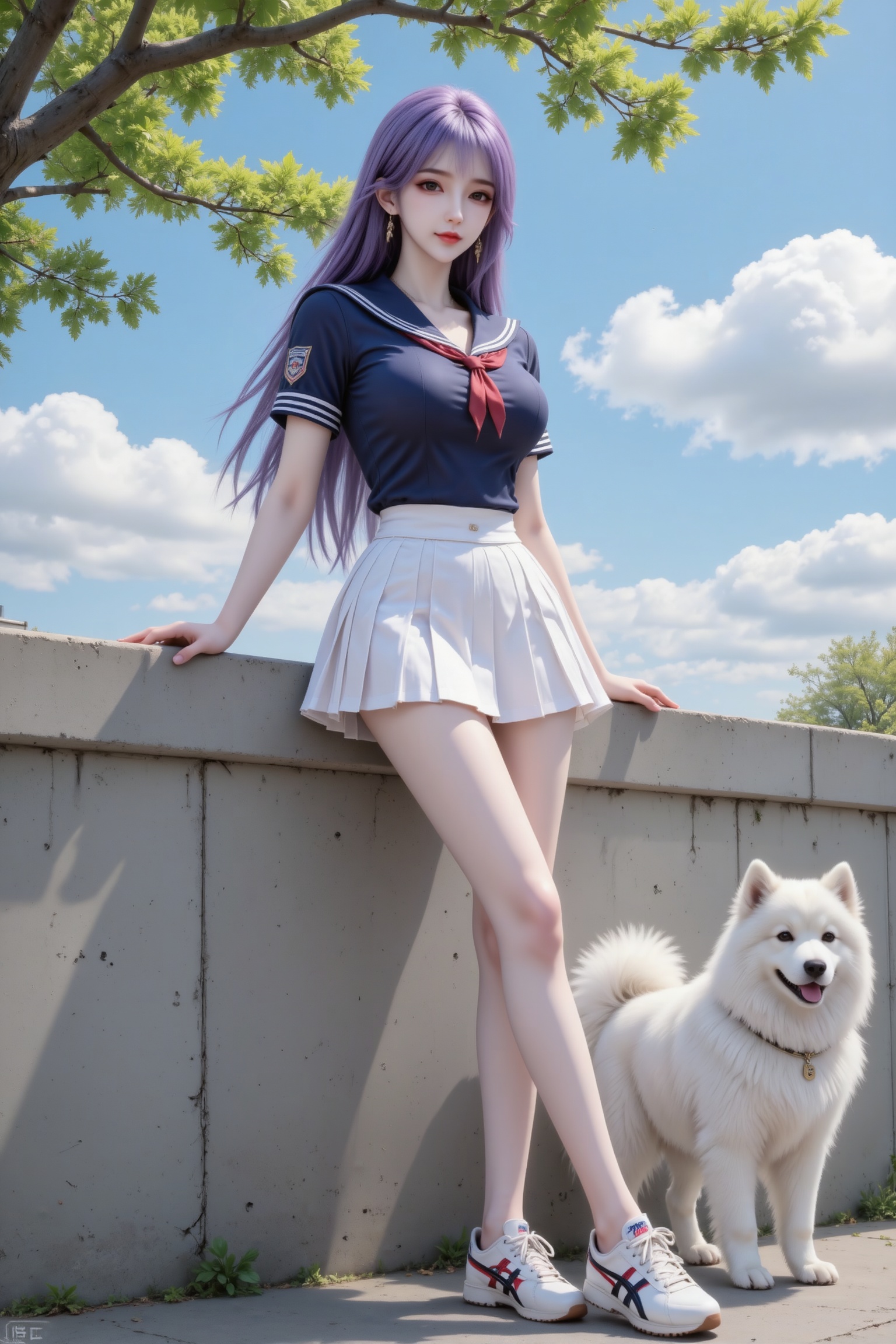 杰作级画质,顶级图像精度,超高清细节渲染,单人女性角色,（紫色亮丽的长发：1.4）,（比例优越的纤细长腿：1.3）,（肌肤白皙光滑的匀称美腿：1.4）,（挺拔饱满的D 罩杯曲线：1.4）,（精致立体的美颜五官：1.4）,美颜全开,光滑油亮的皮肤,水嫩的肌肤,,傲人身材,C-cup,一个女孩,林紫玥单人,紫色长发,一位25岁左右的美女,身高170cm,黄金比例苗条,身材,穿着短袖海军衫、白色百褶短裙,大长腿,鬼冢虎鞋。人物动作：身体靠在水泥墙,一只手搭墙、走路的动作,,姿态随性又显穿搭比例背景是蓝天、绿叶树枝、白云,春日氛围,温馨。身旁有白色萨摩耶犬,背景是蓝天、一点绿叶树枝、白云,春日氛围,惬意。