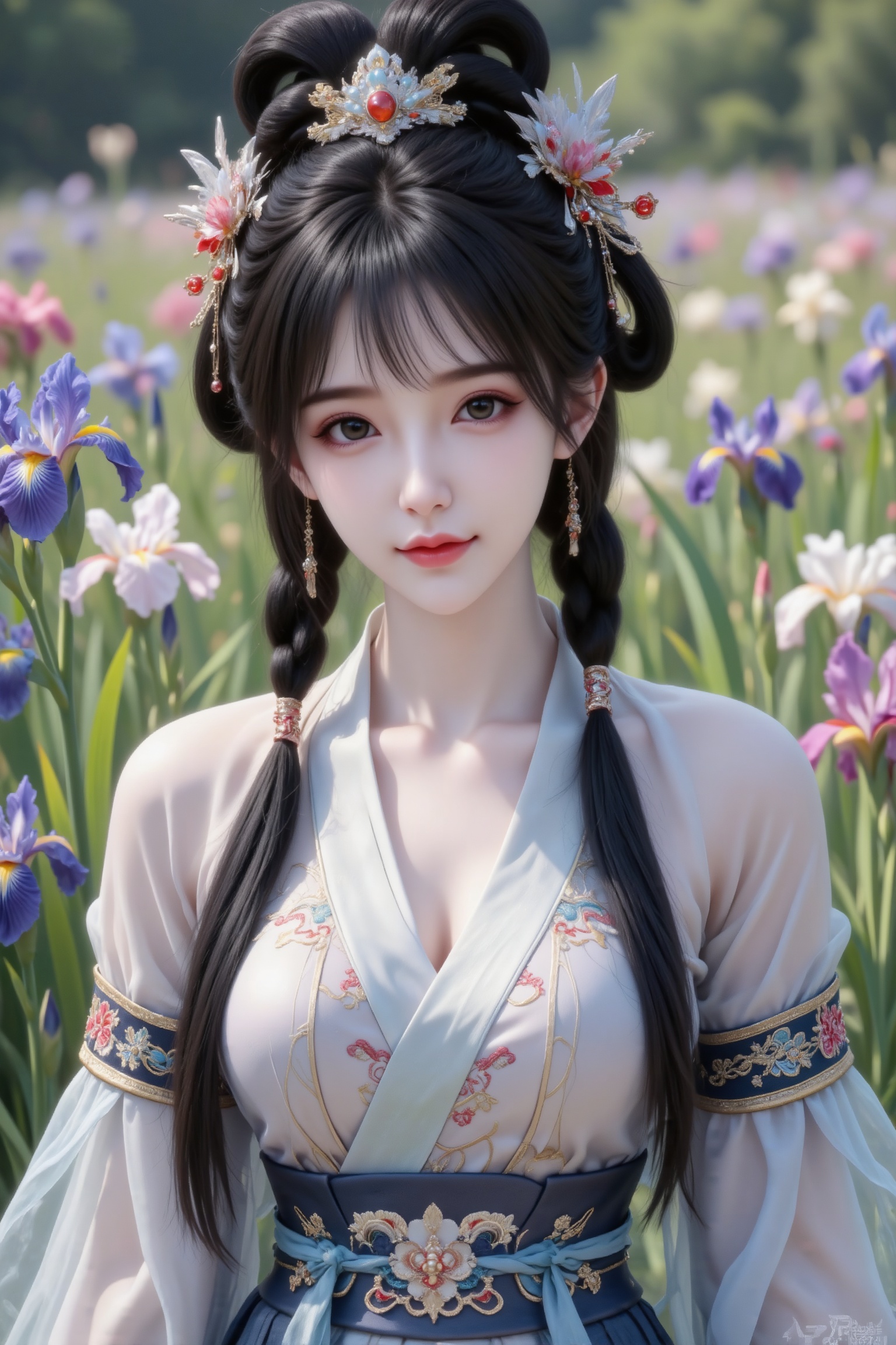 杰作级画质,顶级图像精度,超高清细节渲染,单人女性角色,（黑色亮丽的长发：1.4）,（比例优越的纤细长腿：1.3）,（肌肤白皙光滑的匀称美腿：1.4）,（挺拔饱满的D 罩杯曲线：1.4）,（精致立体的美颜五官：1.4）,美颜全开,光滑油亮的皮肤,水嫩的肌肤,,傲人身材,C-cup,一个女孩,黑色头发,
高颜值网红,INS风,幼态脸,19岁女生尖下巴,三庭五眼比例均衡,身材娇小,细腻陶瓷水嫩肌肤,偏冷白皮,随机的妆容,随机的饰品,随机的动作,侧光,发丝轻飘,凌乱,随机角度拍摄,总体有很多的不确定性,但又好看,
风格甜美少女系,氛围慵懒俏皮,东方美女,年轻娇小,冷白皮气质美女,薇薇纯欲风,皮肤白皙,偶像气质,fairskin,气质的江南美女子,有点甜美,皮肤美白透亮,表情可爱,甜美氛围,细腻笔触,独特韵味的美,构图优美,绝美角度拍摄,宫装美女,超高繁复盘发高髻,垂挂两缕小辫,搭配头饰首饰。汉代交领广袖束腰服饰,领口袖口有精致刺绣,绸缎提花面料、蝉翼纱披帛,背景:户外阳光明媚,鸢尾花花田,画面有故事感,摄影写真,半身正面照,64K细节渲染,写真风格,面部特写