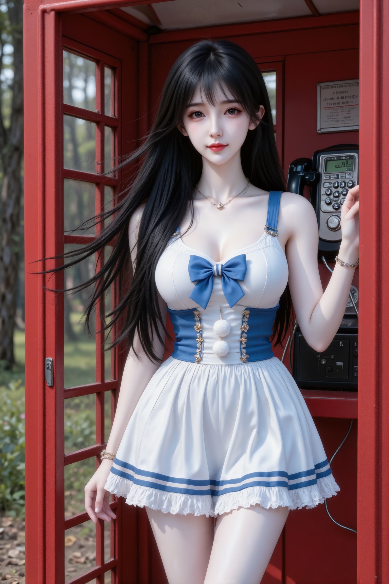 杰作级画质,顶级图像精度,超高清细节渲染,单人女性角色,（黑色亮丽的长发：1.4）,（比例优越的纤细长腿：1.3）,（肌肤白皙光滑的匀称美腿：1.4）,（挺拔饱满的D 罩杯曲线：1.4）,（精致立体的美颜五官：1.4）,美颜全开,光滑油亮的皮肤,水嫩的肌肤,,傲人身材,C-cup,一个女孩,黑色头发,
真实摄影,亚洲高颜值美少女,穿着白色内搭、蓝白拼色洛丽塔背带裙（有蝴蝶结、毛球、条纹装饰）；站在红色电话亭内,背景是户外树林,整体风格甜美、洛丽塔,充满复古与童话融合的氛围感,（电影级面光：1.6）,（光线追踪：1.5）,（冷白皮漫感质感的光滑皮肤：1.7）,（人物有最好的骨相：1.2）,（网感脸：1.6）,（网感妆：1.6）身材完美,莫兰迪配色,高颜值网红,INS风,幼态脸,19岁女生尖下巴,三庭五眼比例均衡,身材娇小,细腻陶瓷水嫩肌肤,偏冷白皮,随机的妆容,随机的饰品,随机的动作,侧光,发丝轻飘,凌乱,随机角度拍摄,总体有很多的不确定性,但又好看,
风格甜美少女系,氛围慵懒俏皮,东方美女,黑长直,年轻,发丝呈现出自然的蓬松感与垂坠感,长发散落于肩头两侧,几缕发丝拂面,冷白皮气质美女,纯欲风,沙漏型身材,B cup,皮肤白皙,偶像气质,fairskin,气质的江南美女子,有点甜美,皮肤美白透亮,表情可爱,甜美氛围,细腻笔触,独特韵味的美,构图优美,绝美角度