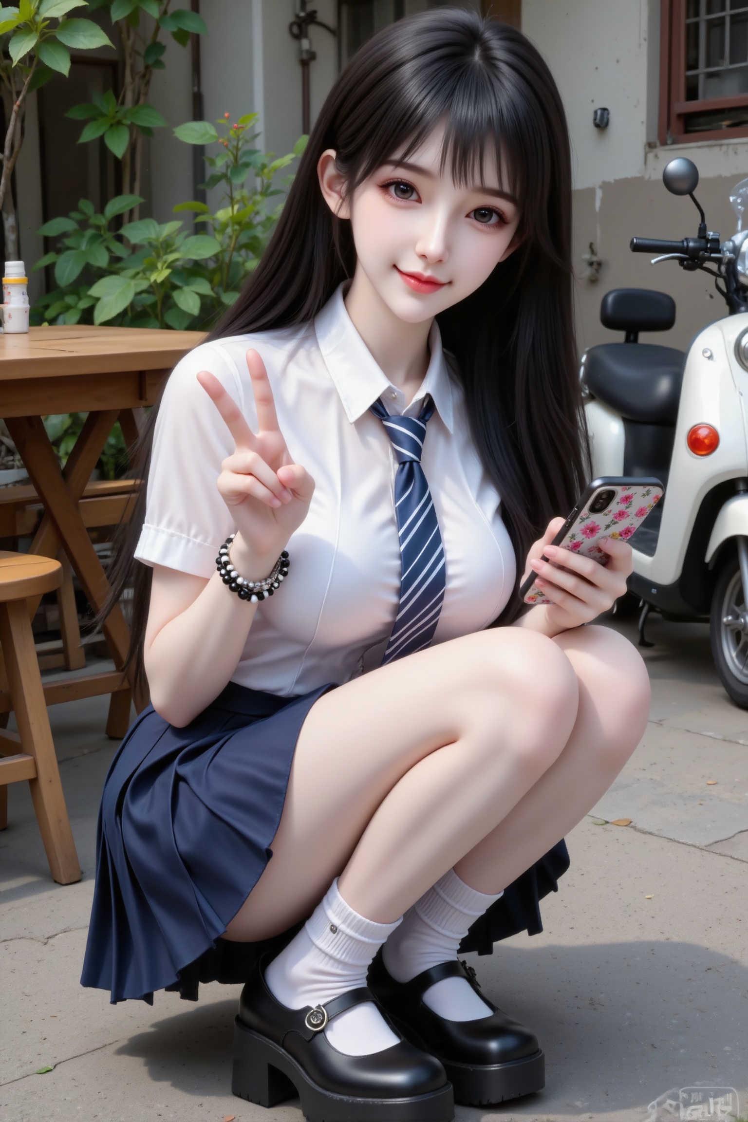 杰作级画质,顶级图像精度,超高清细节渲染,单人女性角色,（黑色亮丽的长发：1.4）,（比例优越的纤细长腿：1.3）,（肌肤白皙光滑的匀称美腿：1.4）,（挺拔饱满的D 罩杯曲线：1.4）,（精致立体的美颜五官：1.4）,美颜全开,光滑油亮的皮肤,水嫩的肌肤,,傲人身材,C-cup,一个女孩,黑色头发,
18岁清纯少女,黑色长直发,空气刘海,白皙皮肤,大眼睛,微笑,蹲在地上,右手比耶,左手拿着带碎花图案的手机,穿着白色短袖衬衫、深蓝色条纹领带、深蓝色百褶短裙、白色中筒袜、黑色厚底玛丽珍鞋,手腕戴着黑白串珠手链,背景是老城区的庭院,有绿植、木质桌椅和白色小电驴,自然光,日系清新风格,超写实,8K高清,皮肤细腻,构图居中,无水印