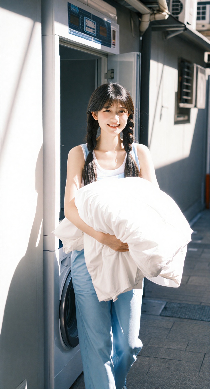 提示词描述：一位穿着浅蓝色背带裤和白背心的亚洲少女,  正从一家半开放式的投币洗衣房走出来,  怀里抱着一筐刚烘干的蓬松白色床单。午后强烈的阳光洒在狭窄的巷弄里 on Tensor.Art