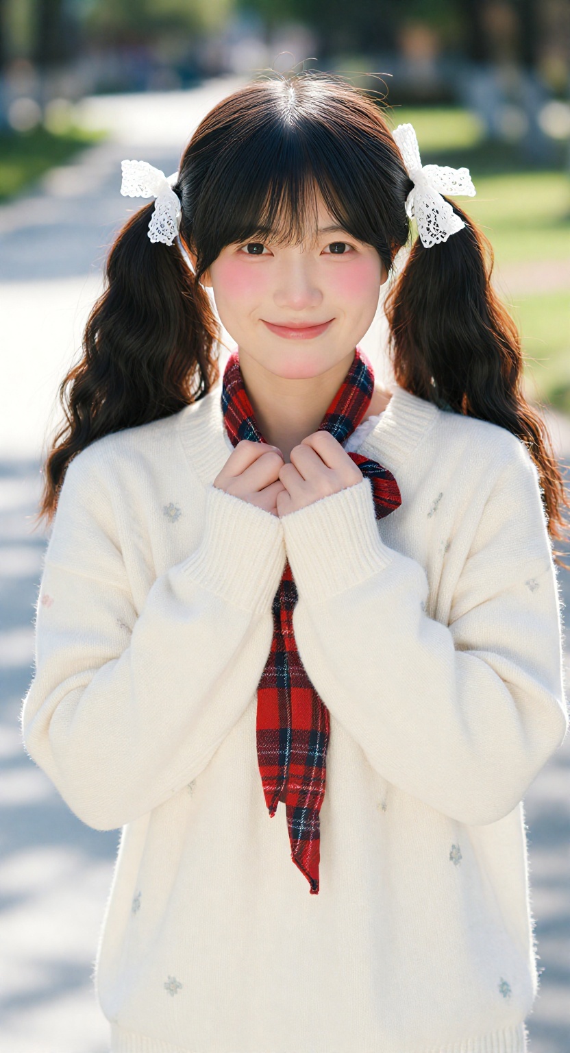 一位笑容灿烂、神情治愈的可爱日系少女,  留着带有轻微卷度的黑发双马尾,  系着白色蕾丝蝴蝶结。她身穿厚实的米白色麻花编织毛衣 on Tensor.Art
