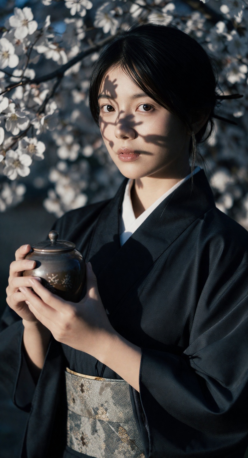 一位眼神忧郁且深邃的亚洲少女半身像。她穿着深色暗纹的和服,  双手捧着一个古朴的陶瓷茶罐。背景是如梦似幻的白色花簇,  阳光透过繁密的花瓣 on Tensor.Art
