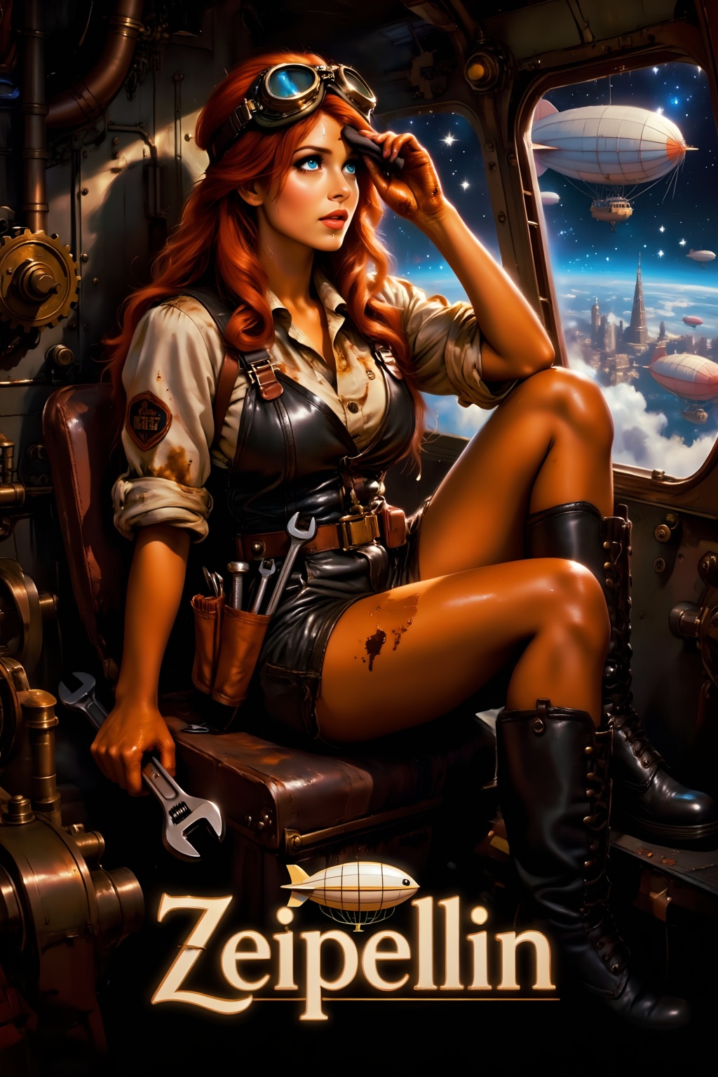 Top quality. Inspiration: Zeppelin. This painting depicts a powerful and imposing airship captain in an aerial settlement...
