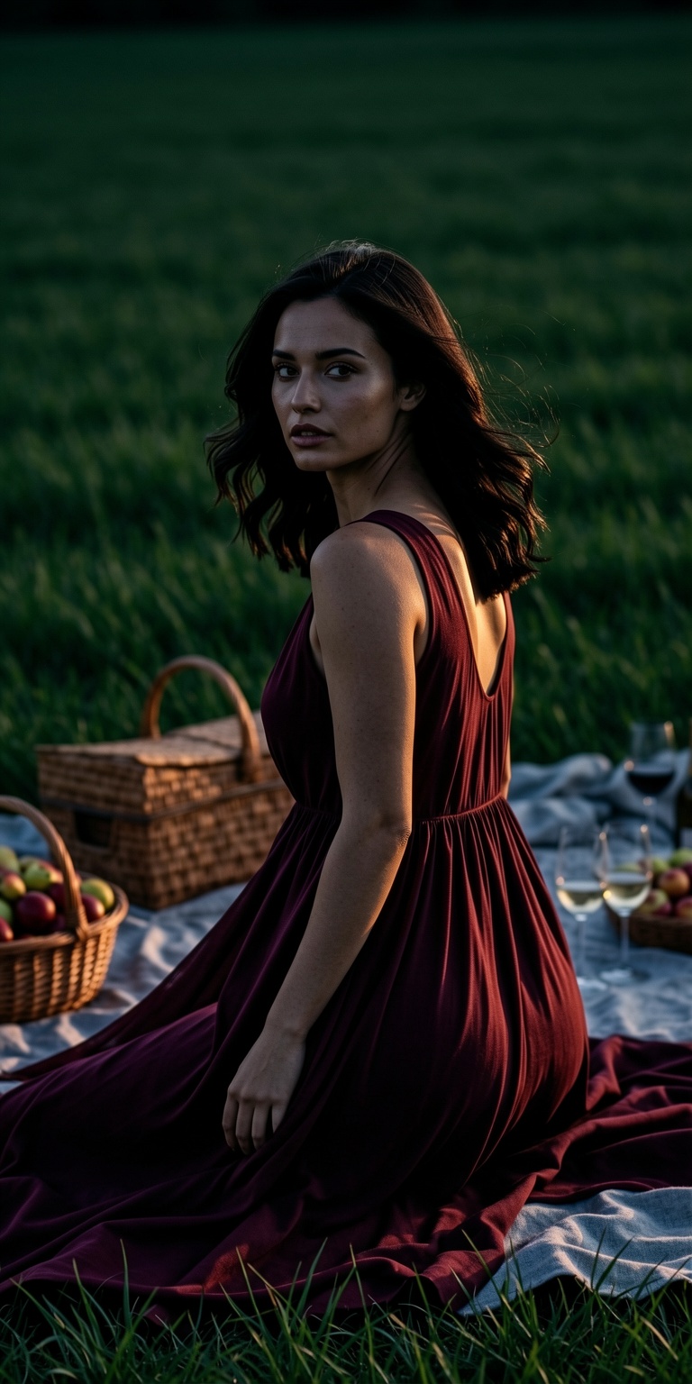 A cinematic,  high-contrast color portrait of a beautiful woman at a picnic,  captured in a dynamic low-angle composition...