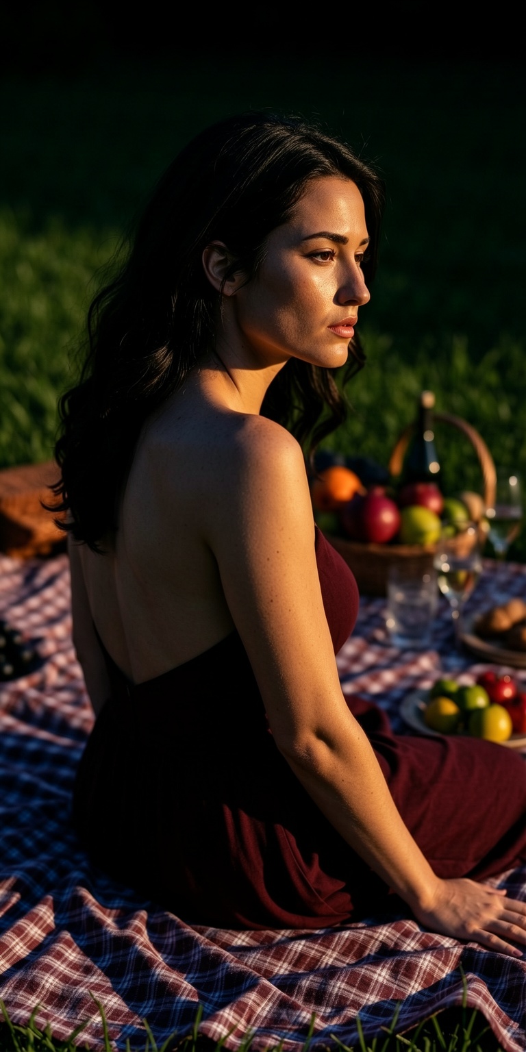A cinematic,  ultra-detailed color image of a woman at a picnic scene rendered with noir-inspired contrast and dynamic com...