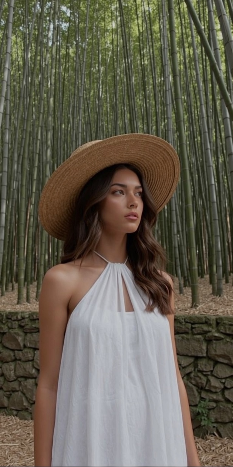 a young woman standing in a bamboo forest. She is wearing a white dress with a halter neckline and a wide-brimmed straw ha...