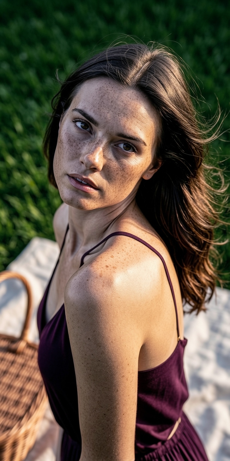 A high-detail aesthetic portrait of a beautiful woman at a picnic,  shot with a dynamic tilted angle to enhance tension an...