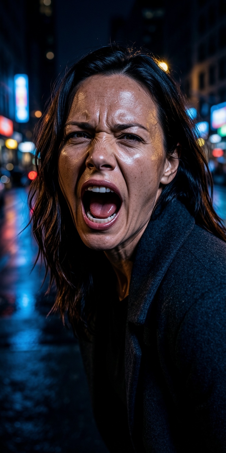 A dramatic,  high-detail cinematic scene capturing a woman mid-shout in a dark urban environment at night. The composition...