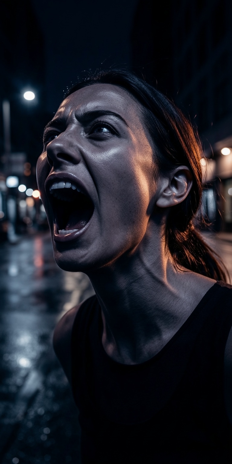 A powerful cinematic portrait capturing the exact moment of a shout,  frozen in time with explosive emotional intensity. T...