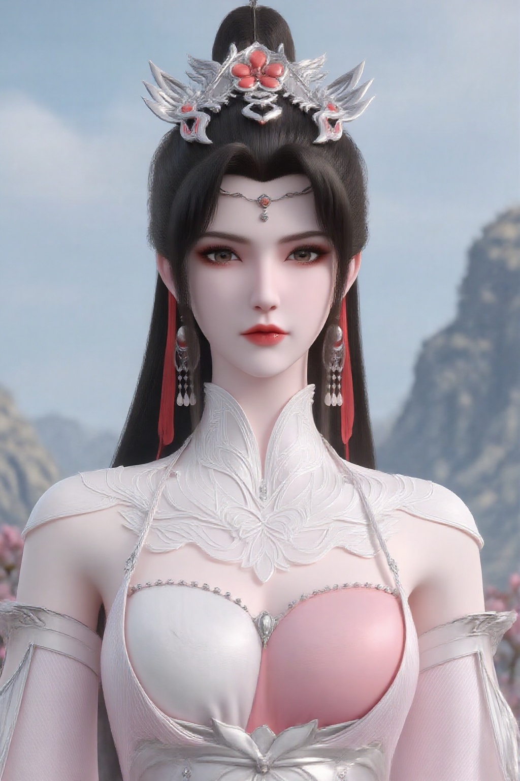 1girl,earrings,jewelry,solo,dress,hair ornament,upper body,mountain,flower,long hair,brown hair,white dress,ponytail,pink dress,branch,sky,looking at viewer,
