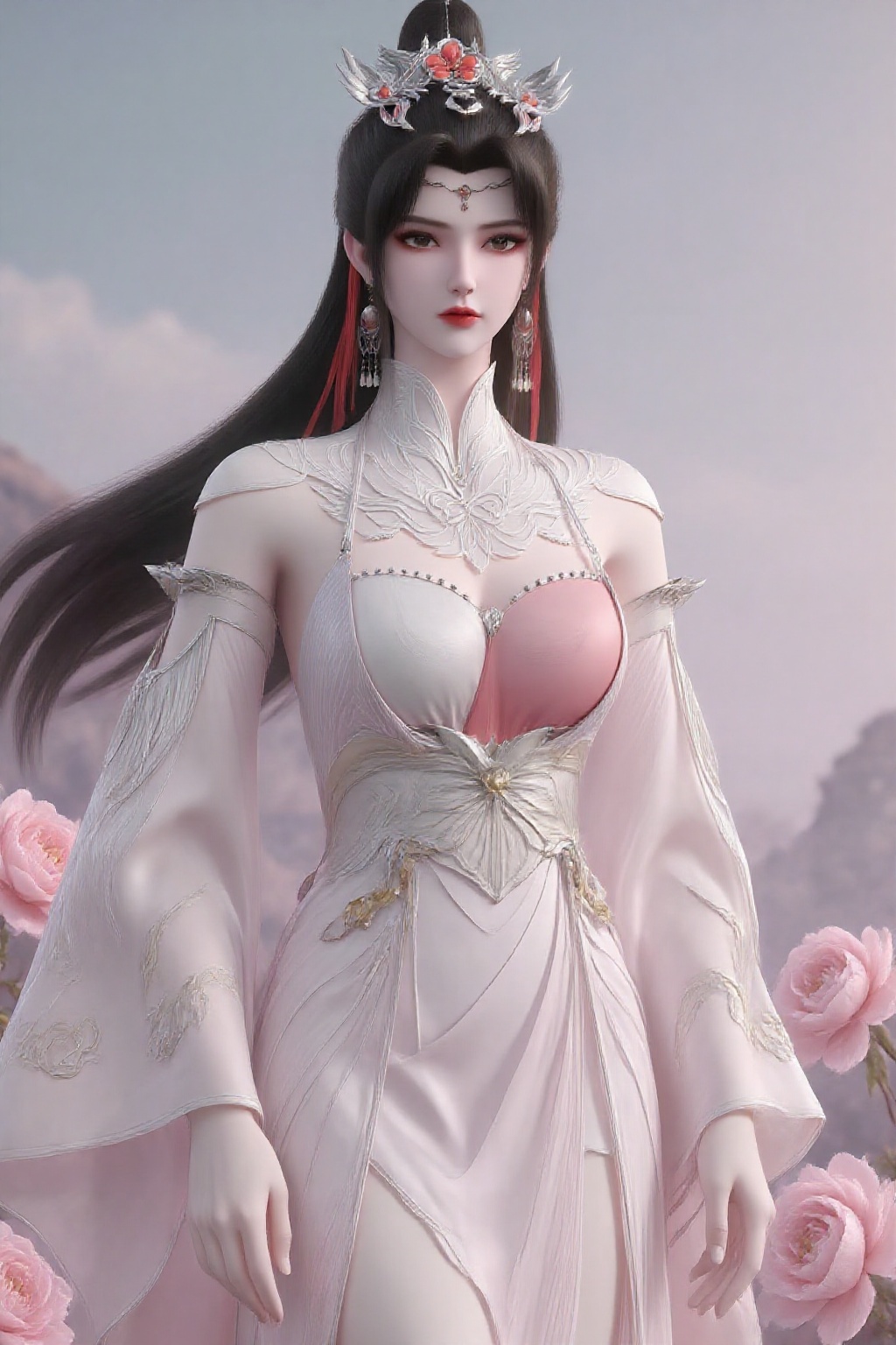 kucha0808,kucha0808,This is a very detailed and high-quality digital illustration depicting a serene and elegant woman wearing traditional Chinese clothing,surrounded by blooming peonies. This lady has long flowing black hair adorned with a gorgeous golden wig,wearing a flowing light green and white dress with exquisite gold embroidery. The background is characterized by soft and gentle colors,and the flowers add a delicate touch. The soft and natural lighting enhances the ethereal beauty of the scene.,