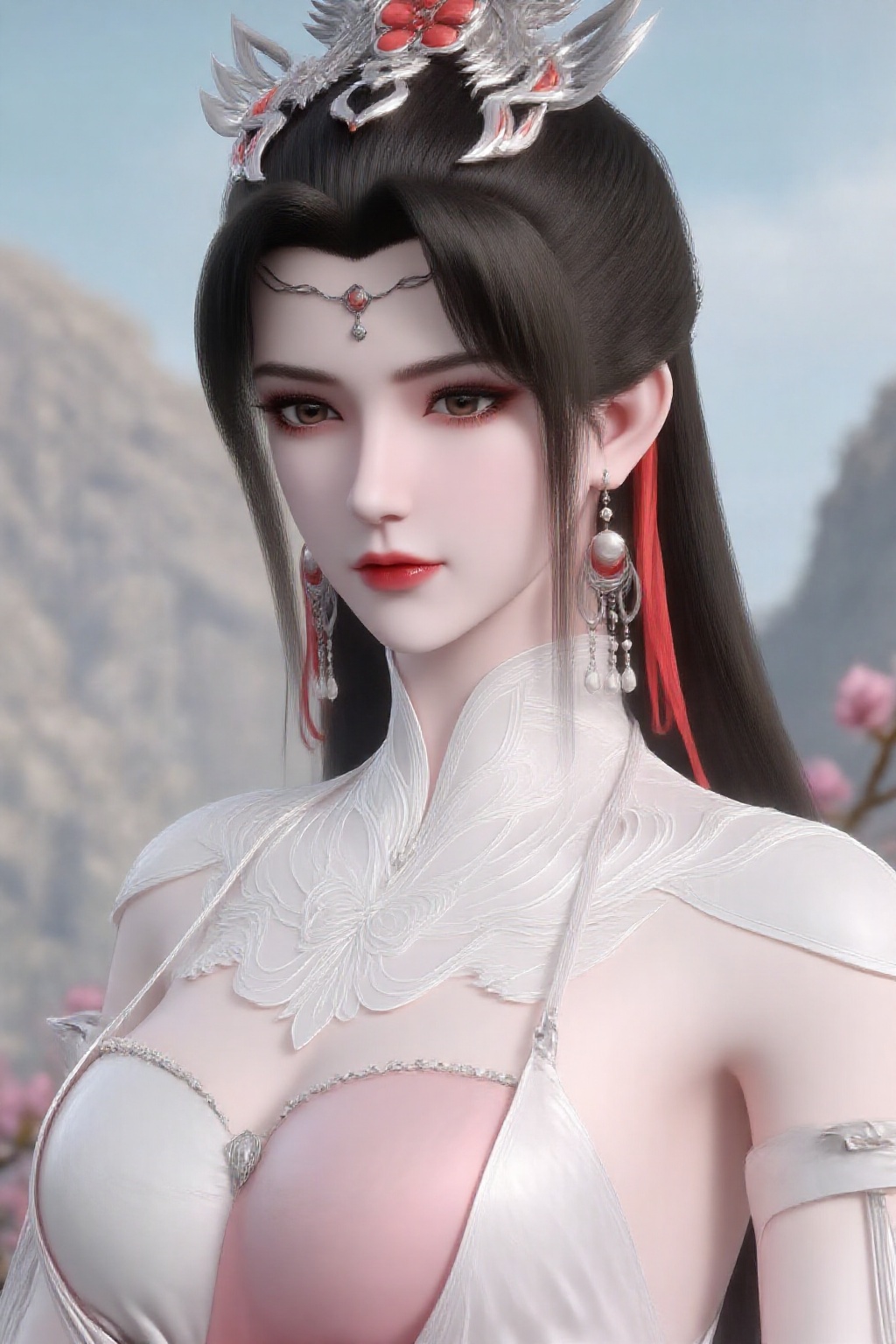 1girl,earrings,jewelry,solo,dress,hair ornament,upper body,mountain,flower,long hair,brown hair,white dress,ponytail,pink dress,branch,sky,looking at viewer,
