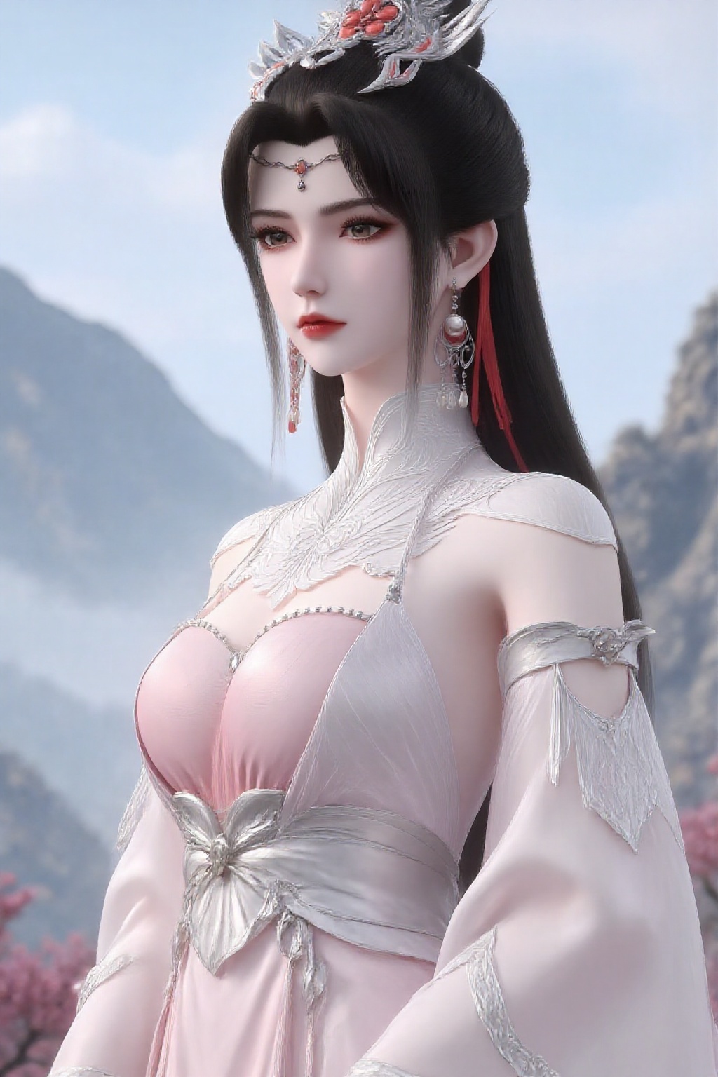 1girl,earrings,jewelry,solo,dress,hair ornament,upper body,mountain,flower,long hair,brown hair,white dress,ponytail,pink dress,branch,sky,looking at viewer,
