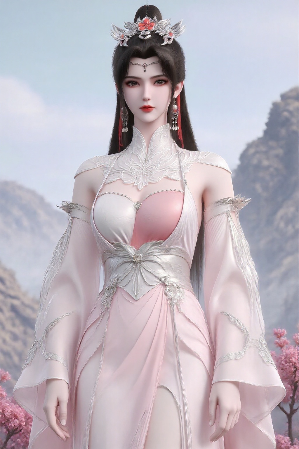 1girl,earrings,jewelry,solo,dress,hair ornament,upper body,mountain,flower,long hair,brown hair,white dress,ponytail,pink dress,branch,sky,looking at viewer,
