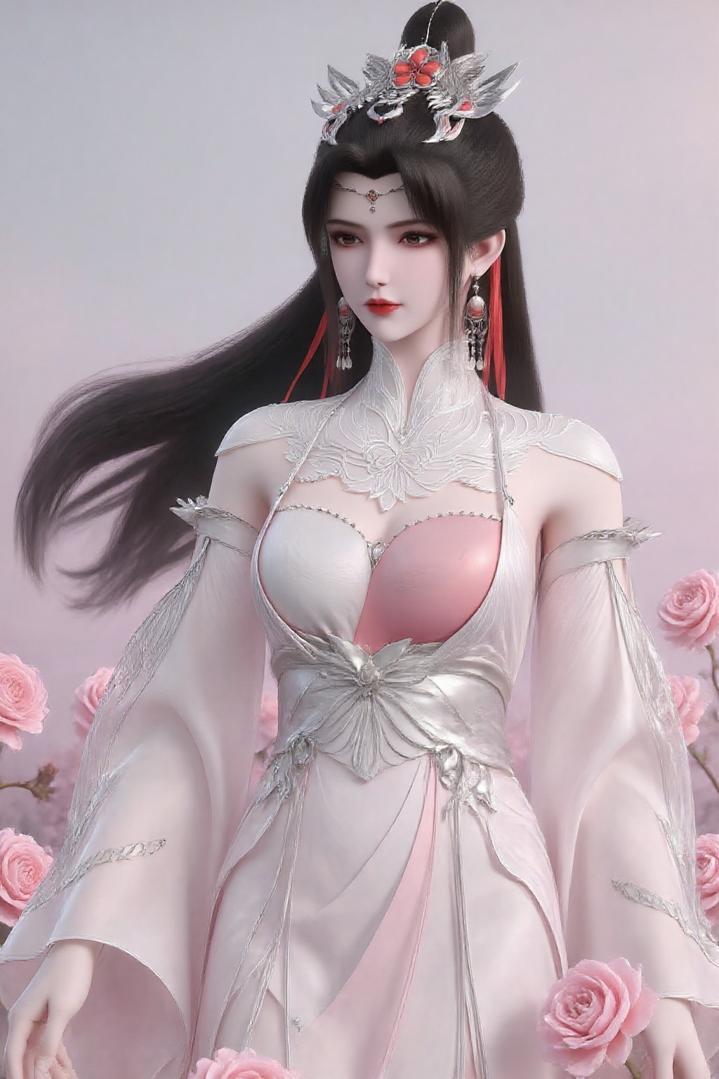 kucha0808,kucha0808,This is a very detailed and high-quality digital illustration depicting a serene and elegant woman wearing traditional Chinese clothing,surrounded by blooming peonies. This lady has long flowing black hair adorned with a gorgeous golden wig,wearing a flowing light green and white dress with exquisite gold embroidery. The background is characterized by soft and gentle colors,and the flowers add a delicate touch. The soft and natural lighting enhances the ethereal beauty of the scene.,