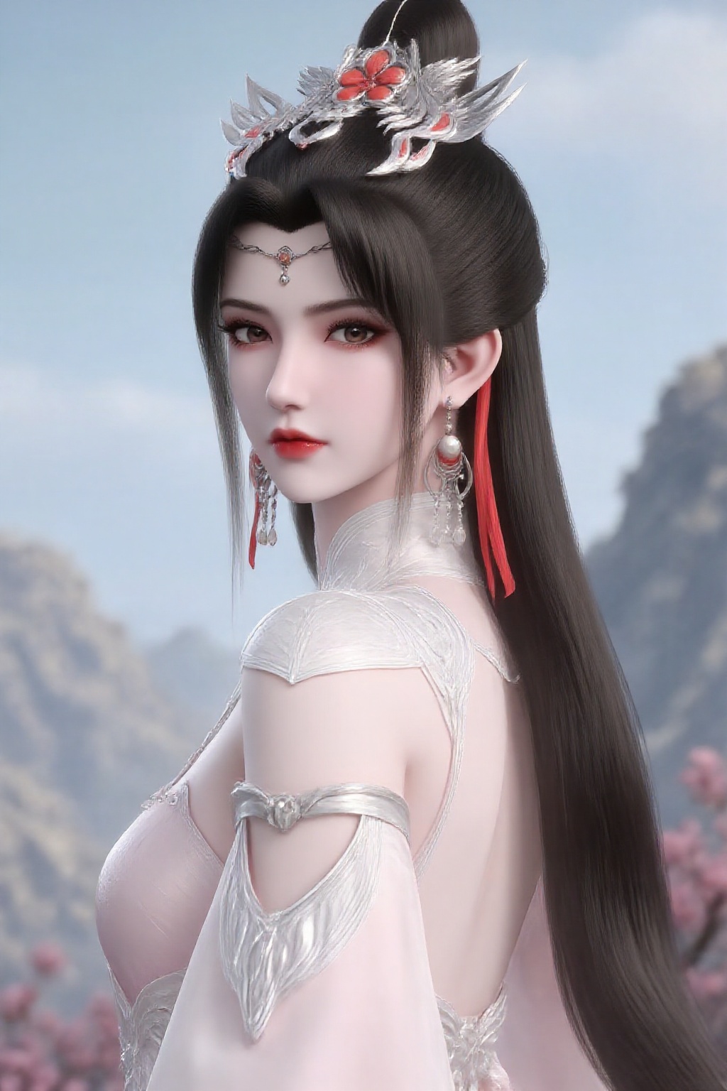 1girl,earrings,jewelry,solo,dress,hair ornament,upper body,mountain,flower,long hair,brown hair,white dress,ponytail,pink dress,branch,sky,looking at viewer,
