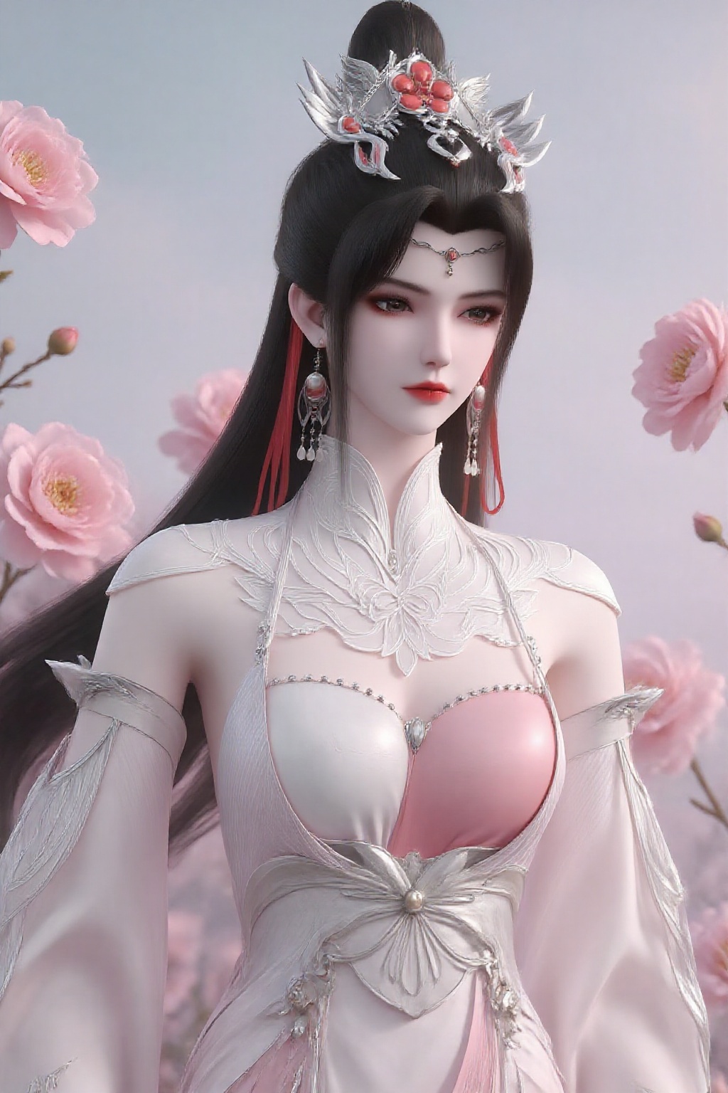 kucha0808,kucha0808,This is a very detailed and high-quality digital illustration depicting a serene and elegant woman wearing traditional Chinese clothing,surrounded by blooming peonies. This lady has long flowing black hair adorned with a gorgeous golden wig,wearing a flowing light green and white dress with exquisite gold embroidery. The background is characterized by soft and gentle colors,and the flowers add a delicate touch. The soft and natural lighting enhances the ethereal beauty of the scene.,