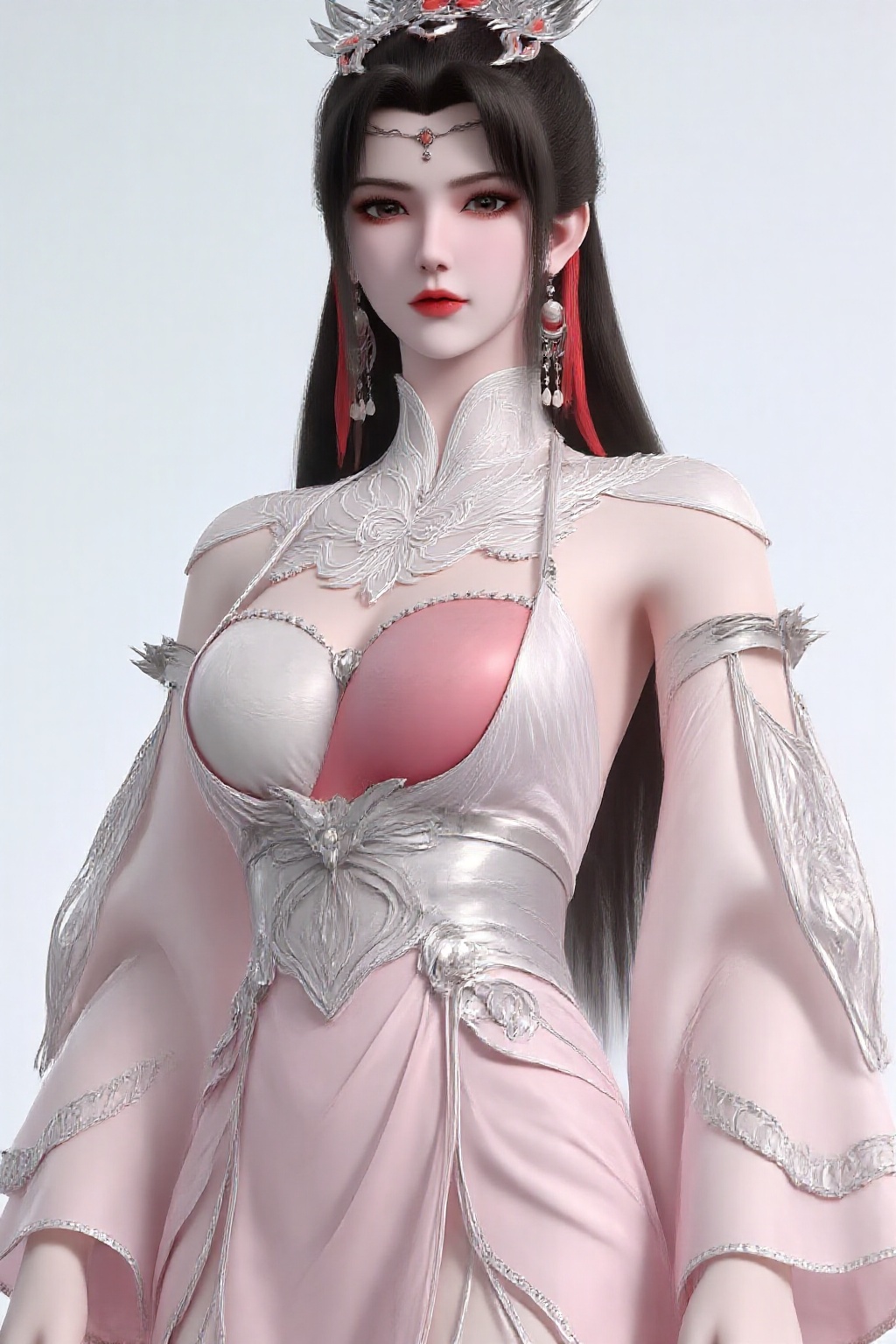 A girl,charming and elegant dress,fashionable and luxurious,Red lace underwear,with black eyes,advertising photography,white background,standing posture,upper body photo,advertising blockbuster photography,realistic,exquisite,high-definition,8K,perfect facial details,the best quality,
