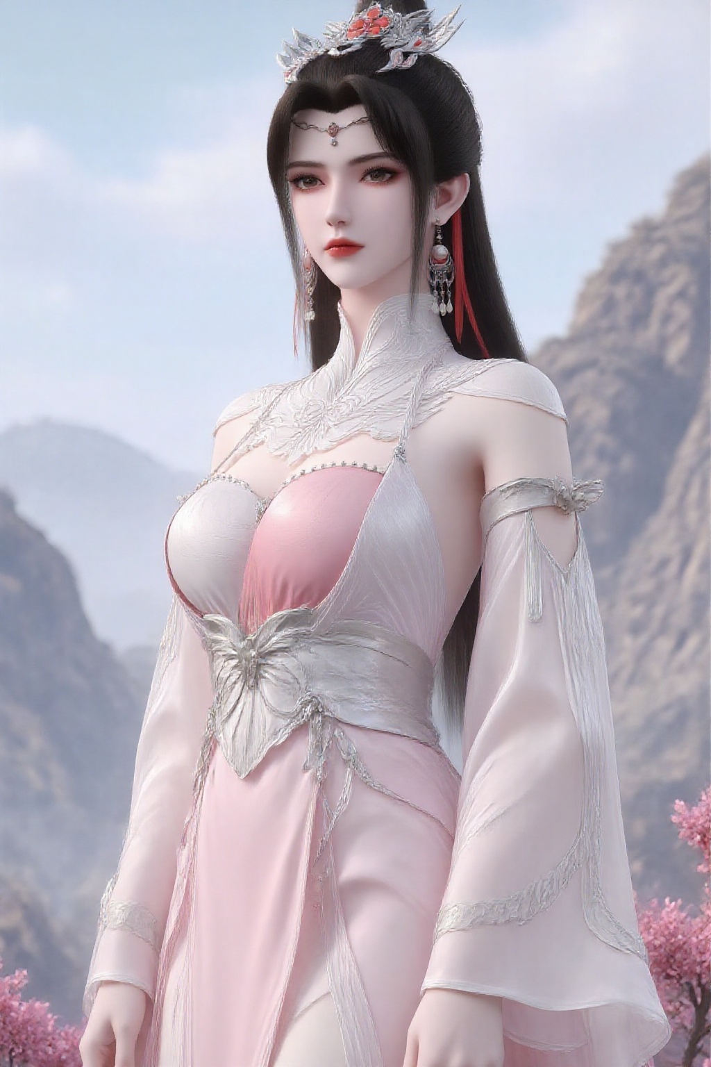 1girl,earrings,jewelry,solo,dress,hair ornament,upper body,mountain,flower,long hair,brown hair,white dress,ponytail,pink dress,branch,sky,looking at viewer,
